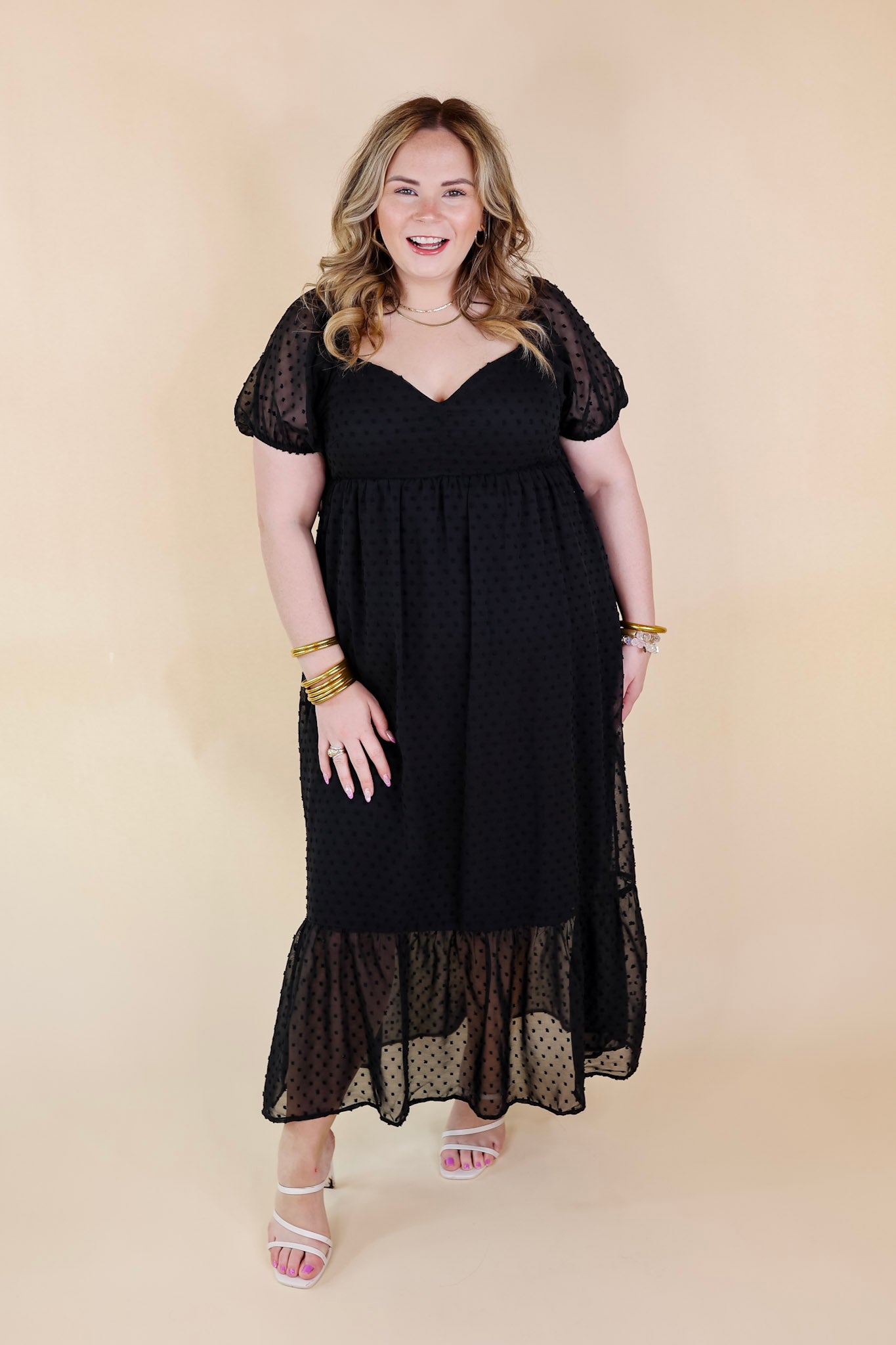 Love And Beyond Swiss Dot Short Sleeve Midi Dress in Black - Giddy Up Glamour Boutique