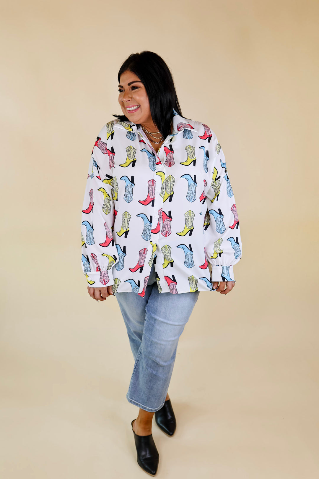 The Cowgirl Way Button Up Multi Color Cowgirl Boot Top in White - Giddy Up Glamour Boutique
