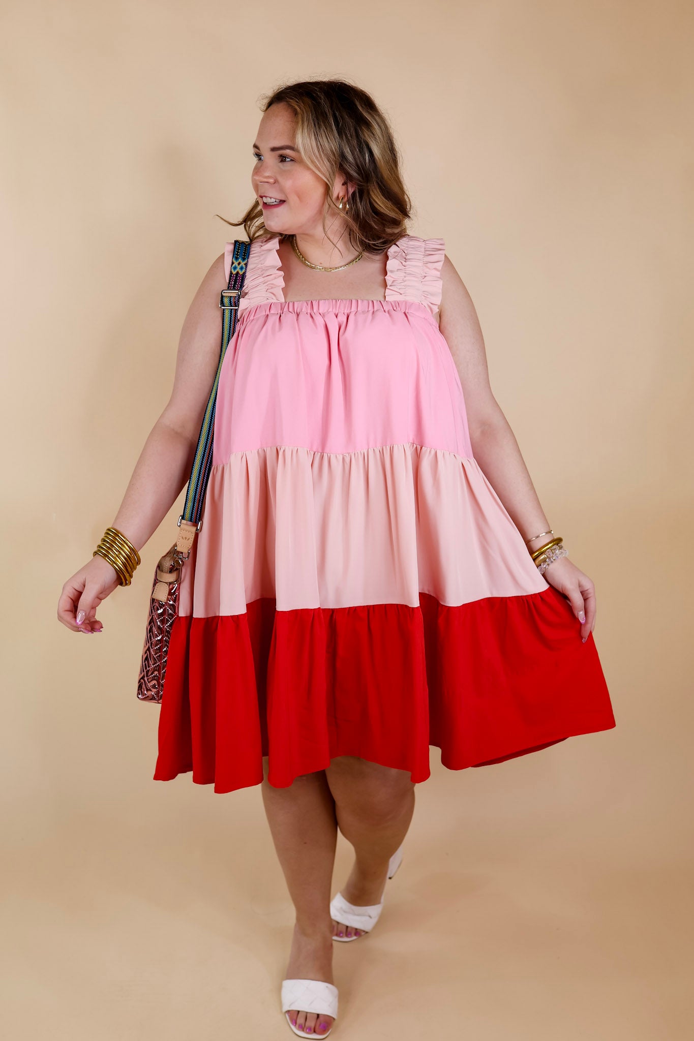 Whisk Me Away Ruched Strap Color Block Dress in Pink Mix - Giddy Up Glamour Boutique