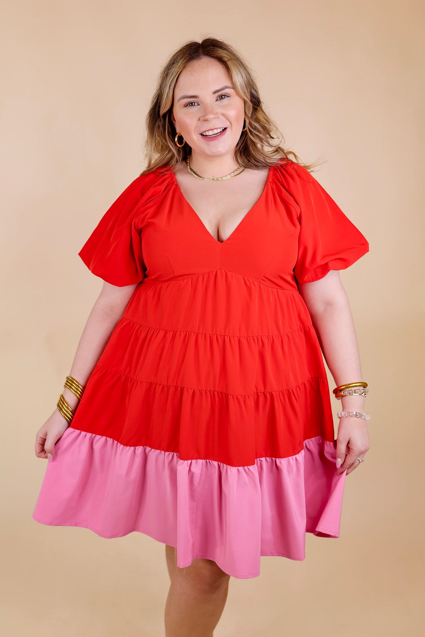 Trendy City Puff Sleeve Tiered Dress with Pink Hemline in Red - Giddy Up Glamour Boutique