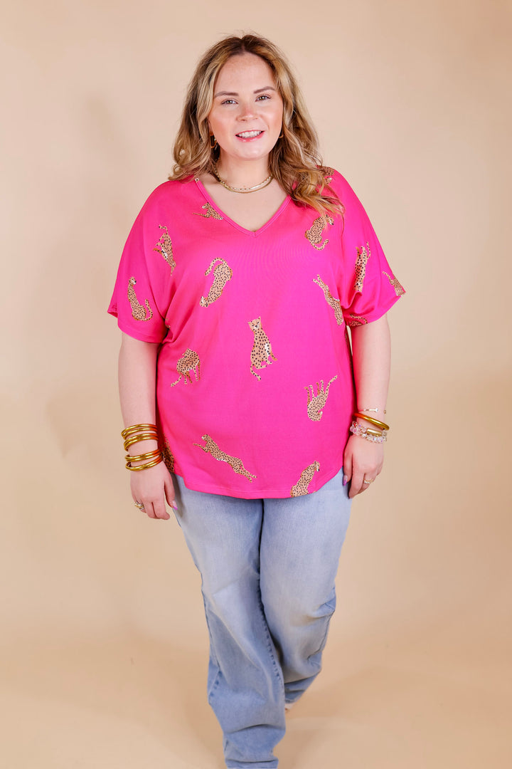 Wild Side Cheetah Print V Neck Top with Short Sleeves in Hot Pink - Giddy Up Glamour Boutique