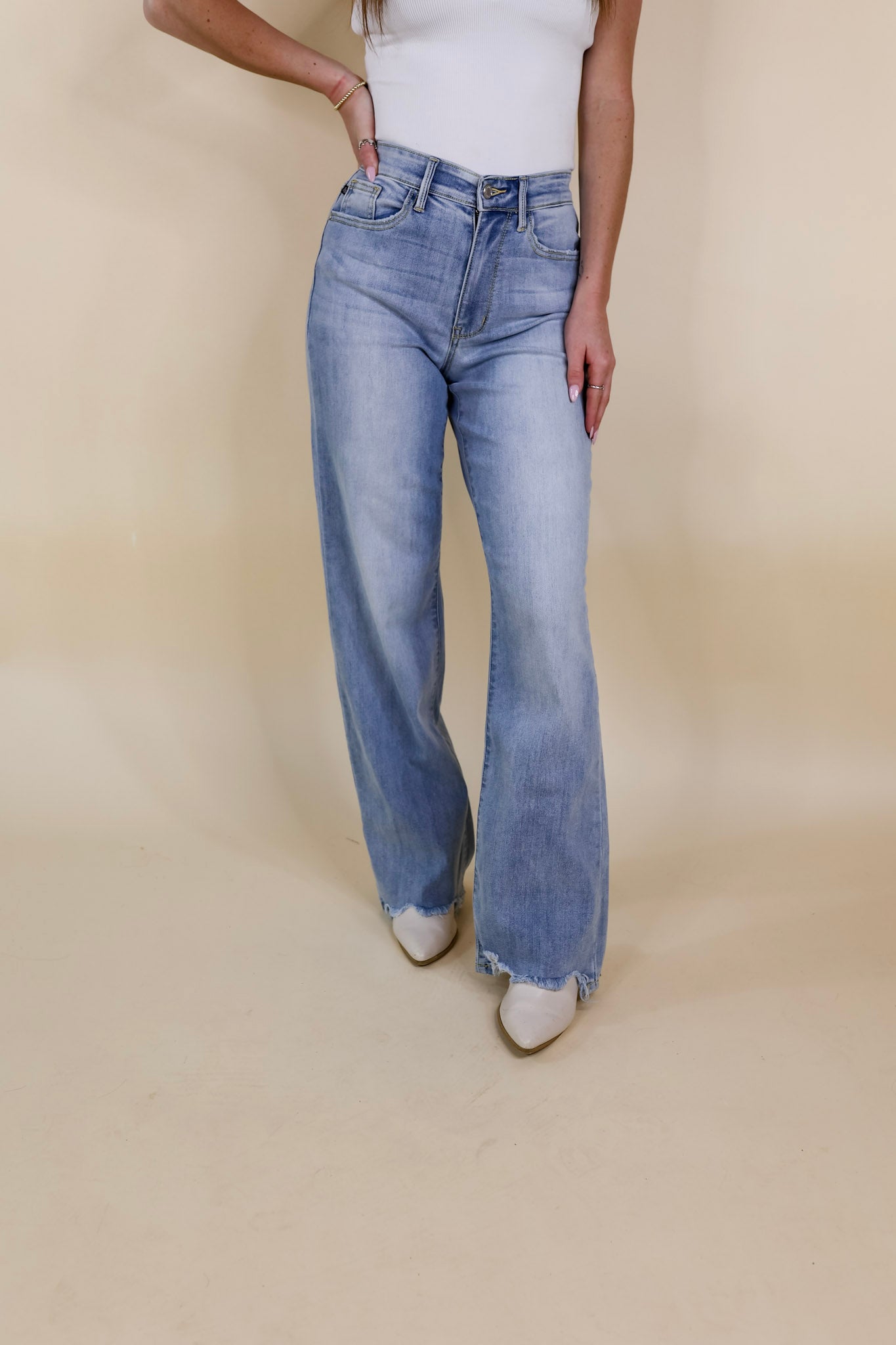 Judy Blue | Fascinating Day Destroy Hem Straight Leg Jeans in Light Wash - Giddy Up Glamour Boutique