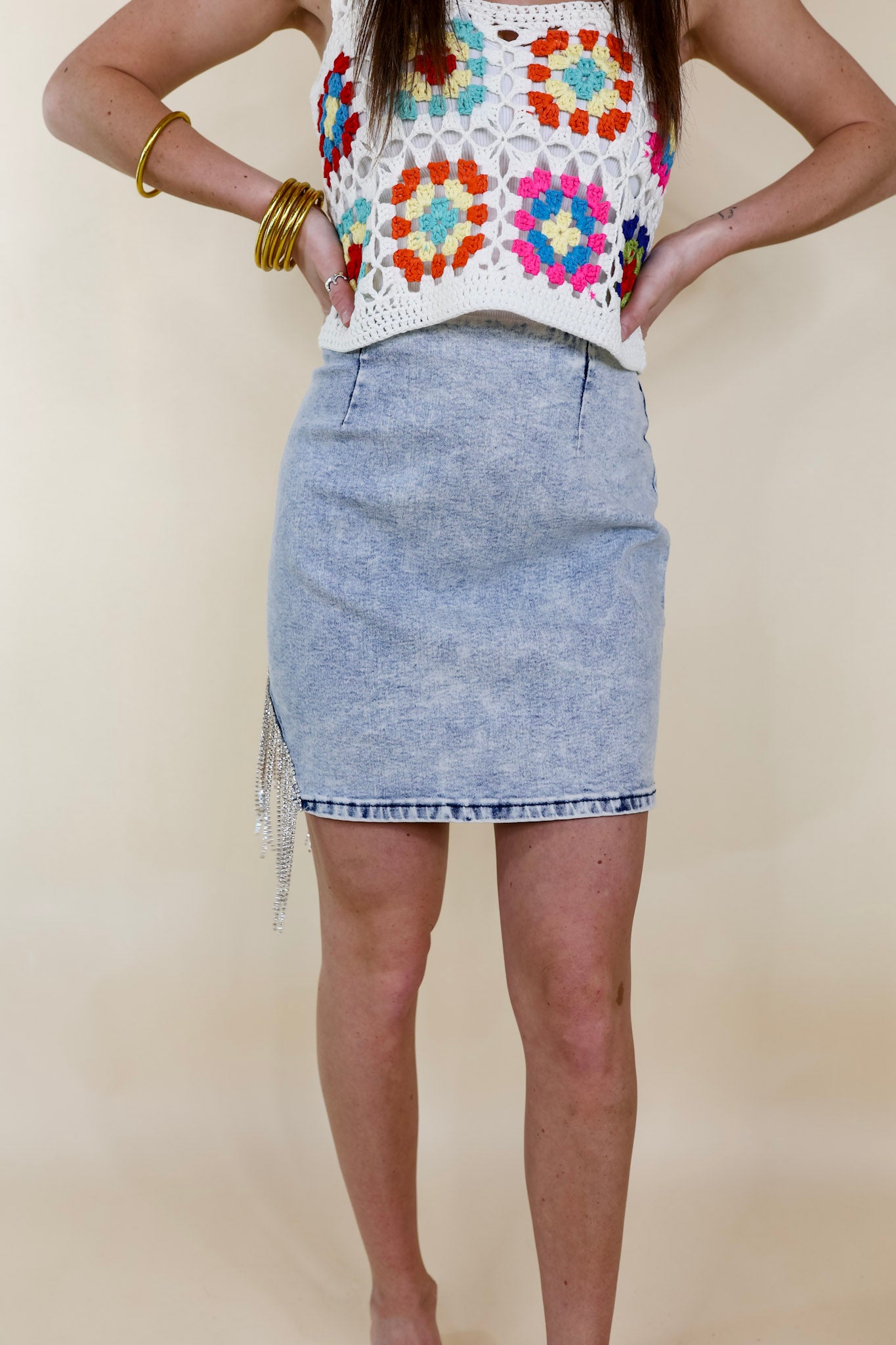 Grandest Moments Denim Mini Skirt with Crystal Fringe in Light Wash - Giddy Up Glamour Boutique