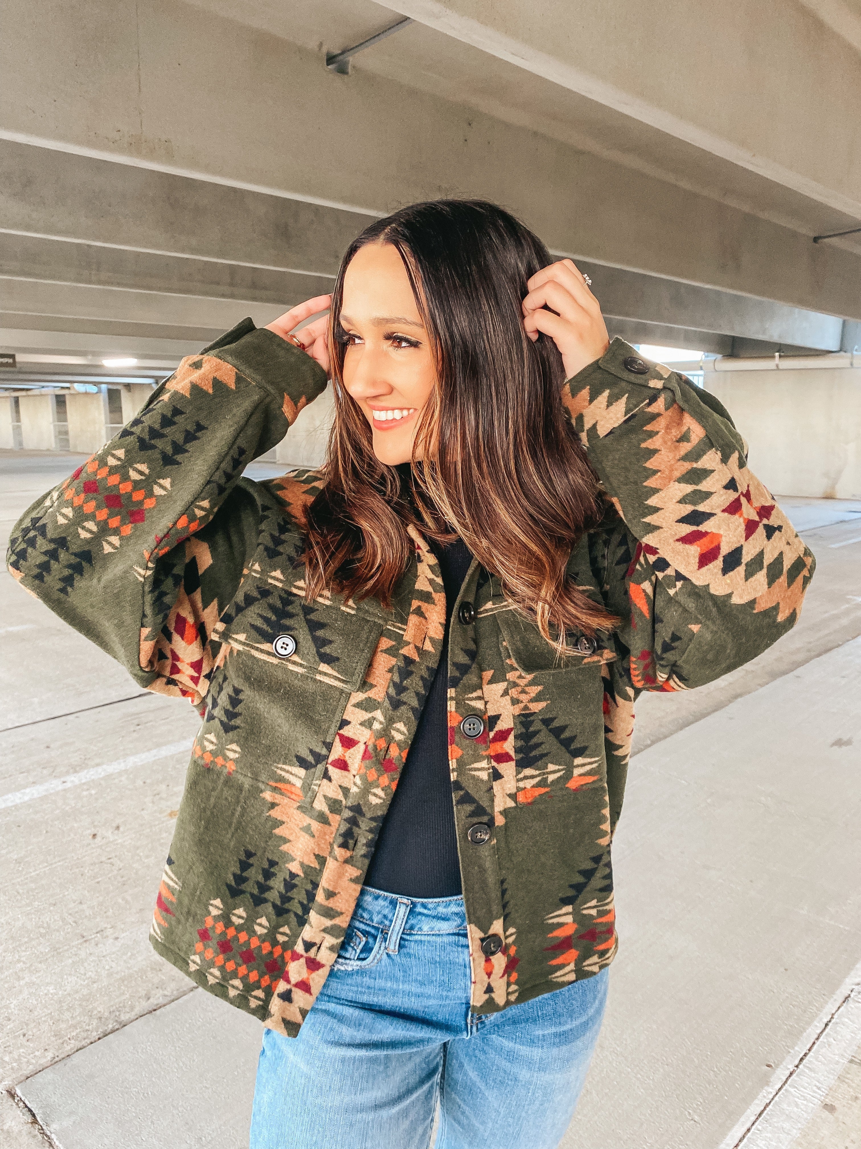 S'mores Weather Aztec Print Button Up Jacket in Olive Green - Giddy Up Glamour Boutique