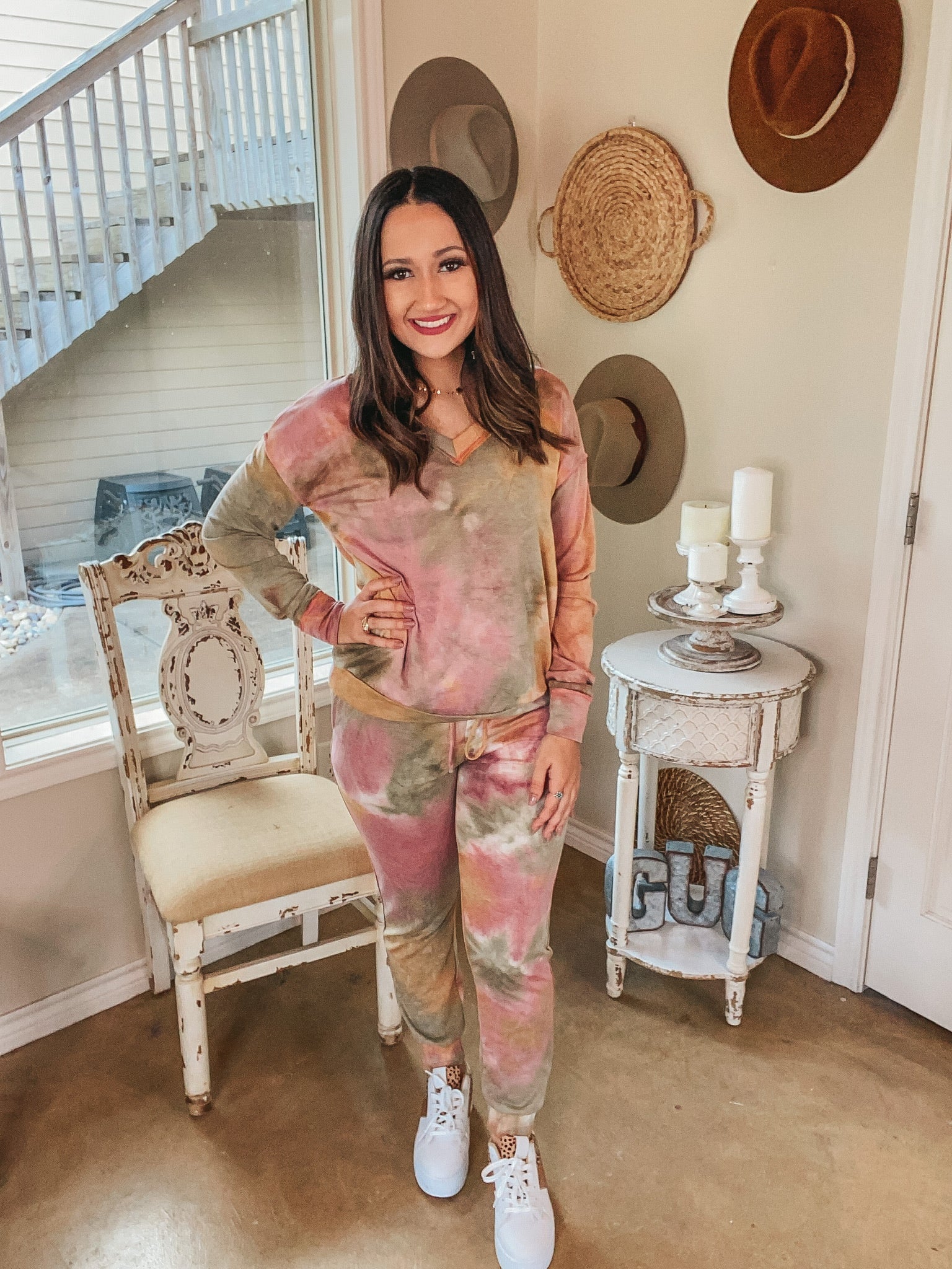 Last Chance Size Large | Let's Lounge Drawstring Tie Dye Joggers in Mauve, Sage, and Mustard - Giddy Up Glamour Boutique