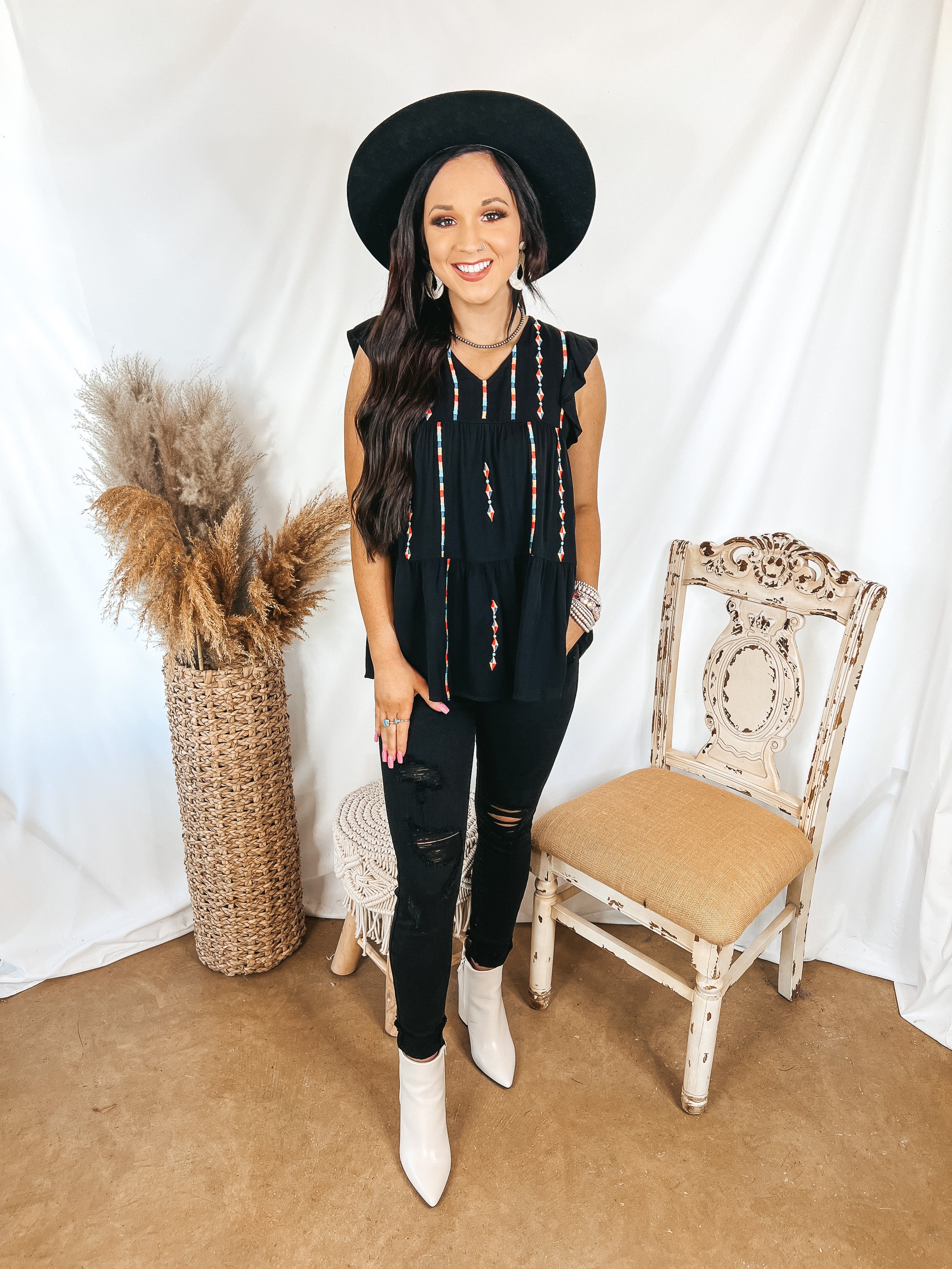 Rum Punch Embroidered Tiered Top with Ruffle Cap Sleeves in Black - Giddy Up Glamour Boutique