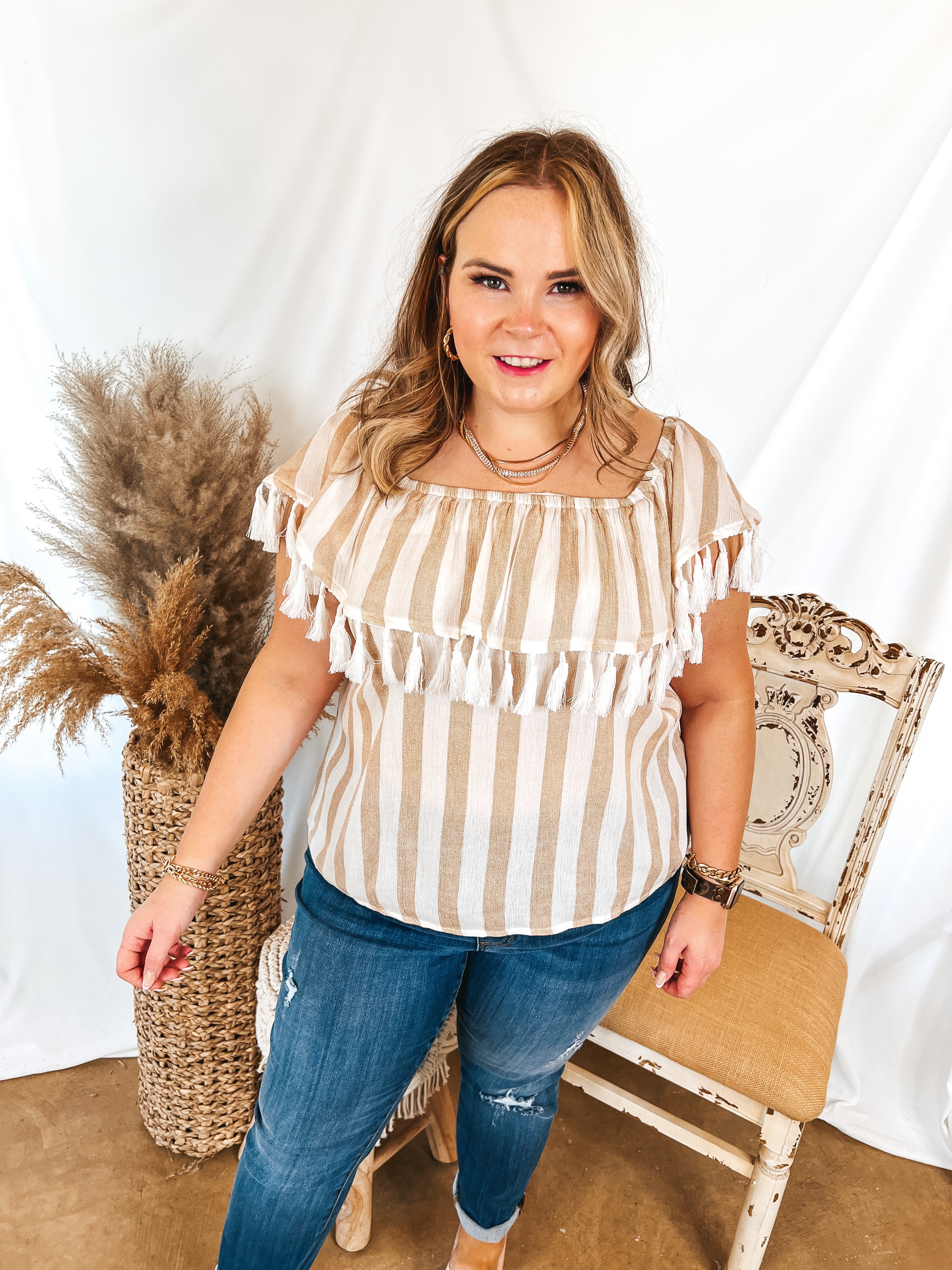 SoCal Sun Striped Off the Shoulder Top with Tassels in Ivory and Sand - Giddy Up Glamour Boutique