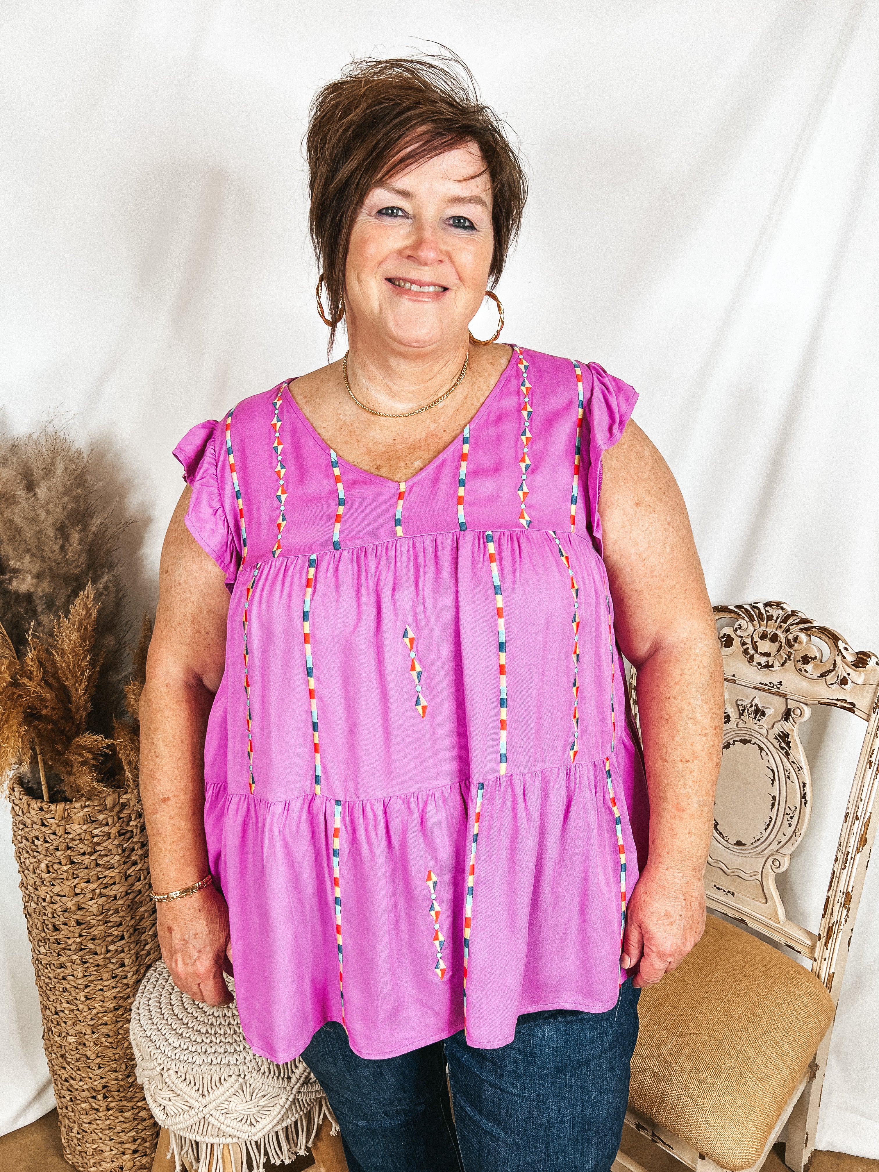Rum Punch Embroidered Tiered Top with Ruffle Cap Sleeves in Magenta - Giddy Up Glamour Boutique