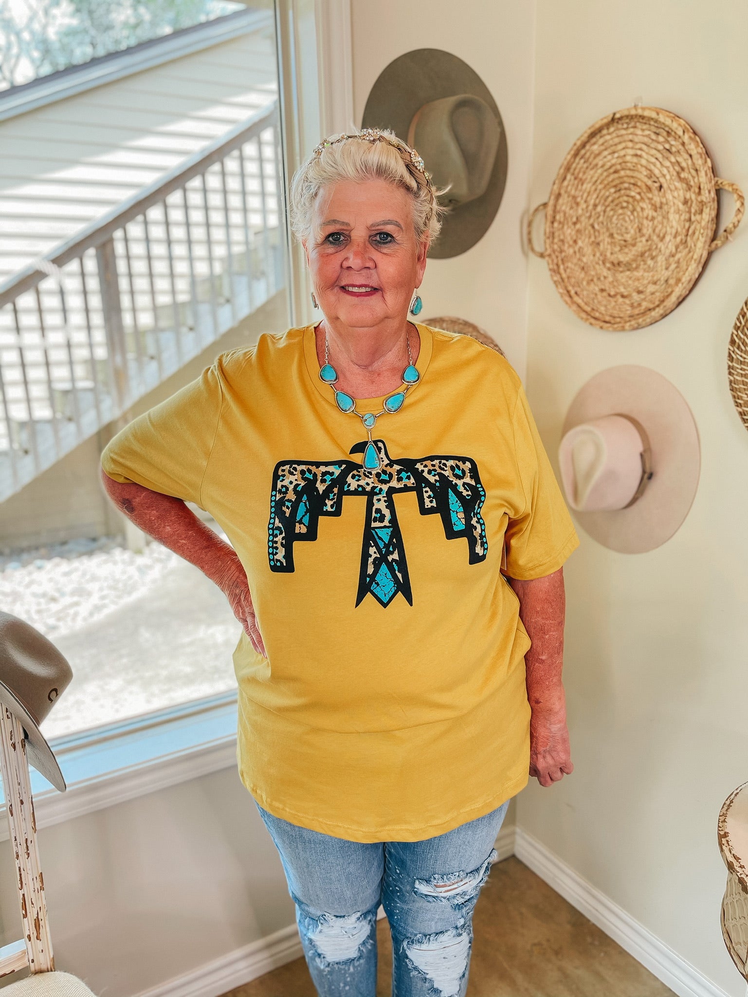 Cherokee Hills Turquoise Leopard Thunderbird Short Sleeve Graphic Tee in Mustard Yellow - Giddy Up Glamour Boutique