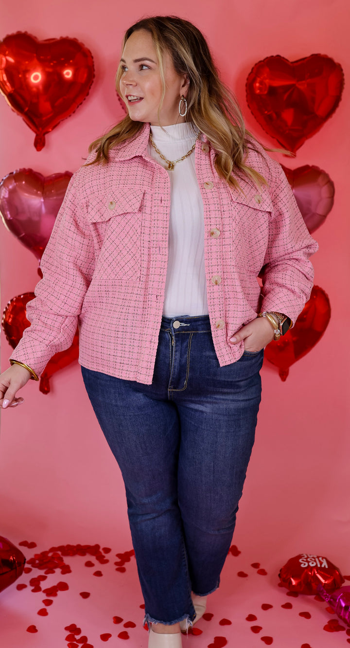 Rodeo Drive Button Up Tweed Jacket in Pink - Giddy Up Glamour Boutique