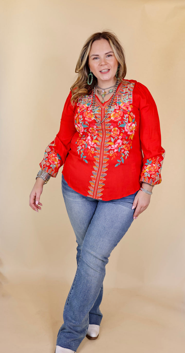 Brunch With Me Long Sleeve Embroidered Top with V Neckline in Red - Giddy Up Glamour Boutique