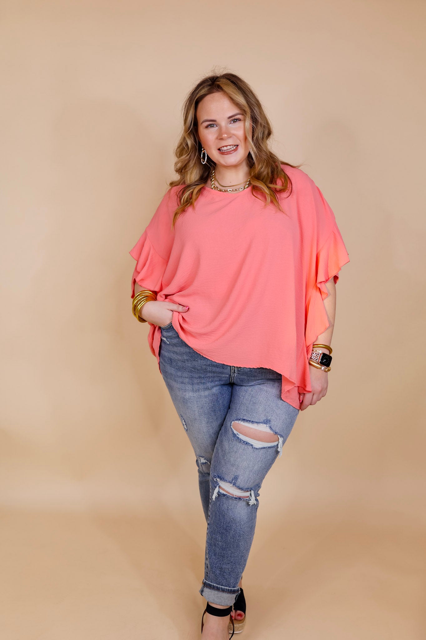 Sip of Spring Ruffle Sleeve Shift Top with V Neckline in Coral Orange - Giddy Up Glamour Boutique