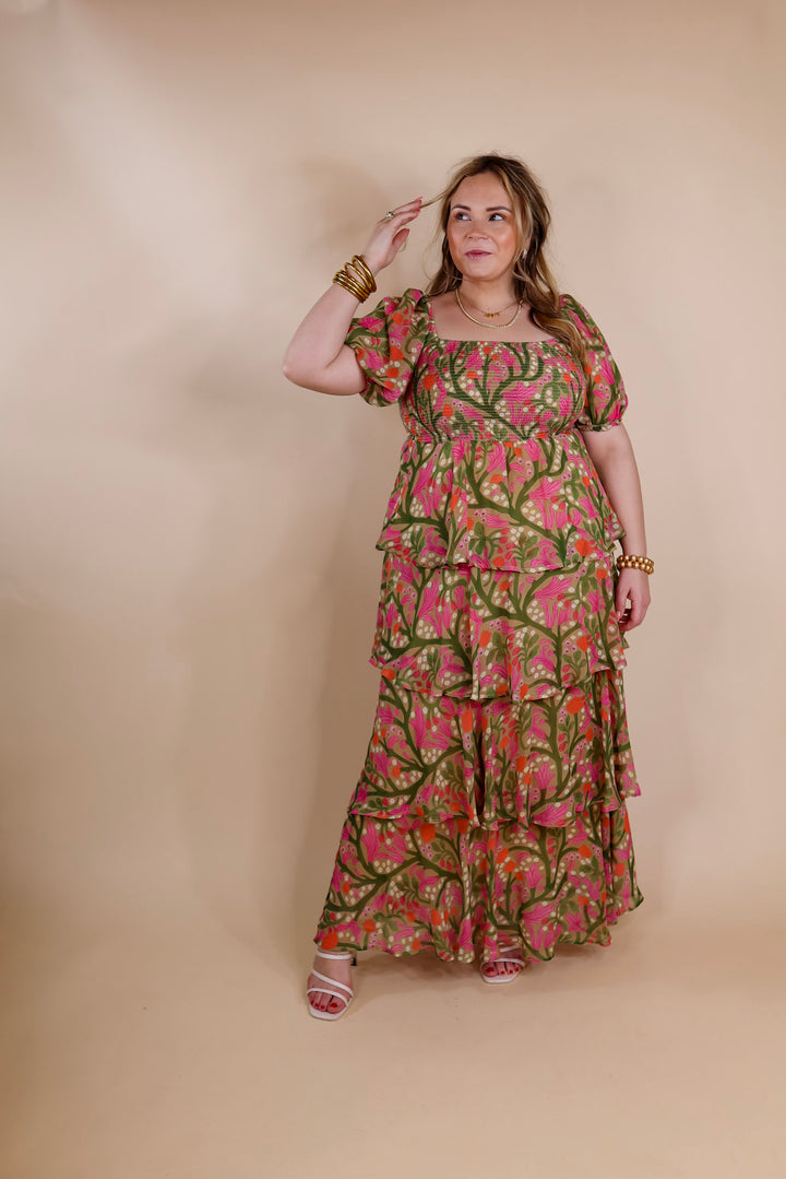 Fun Feeling Floral Tiered Maxi Dress with Smocked Balloon Sleeves in Green Mix - Giddy Up Glamour Boutique