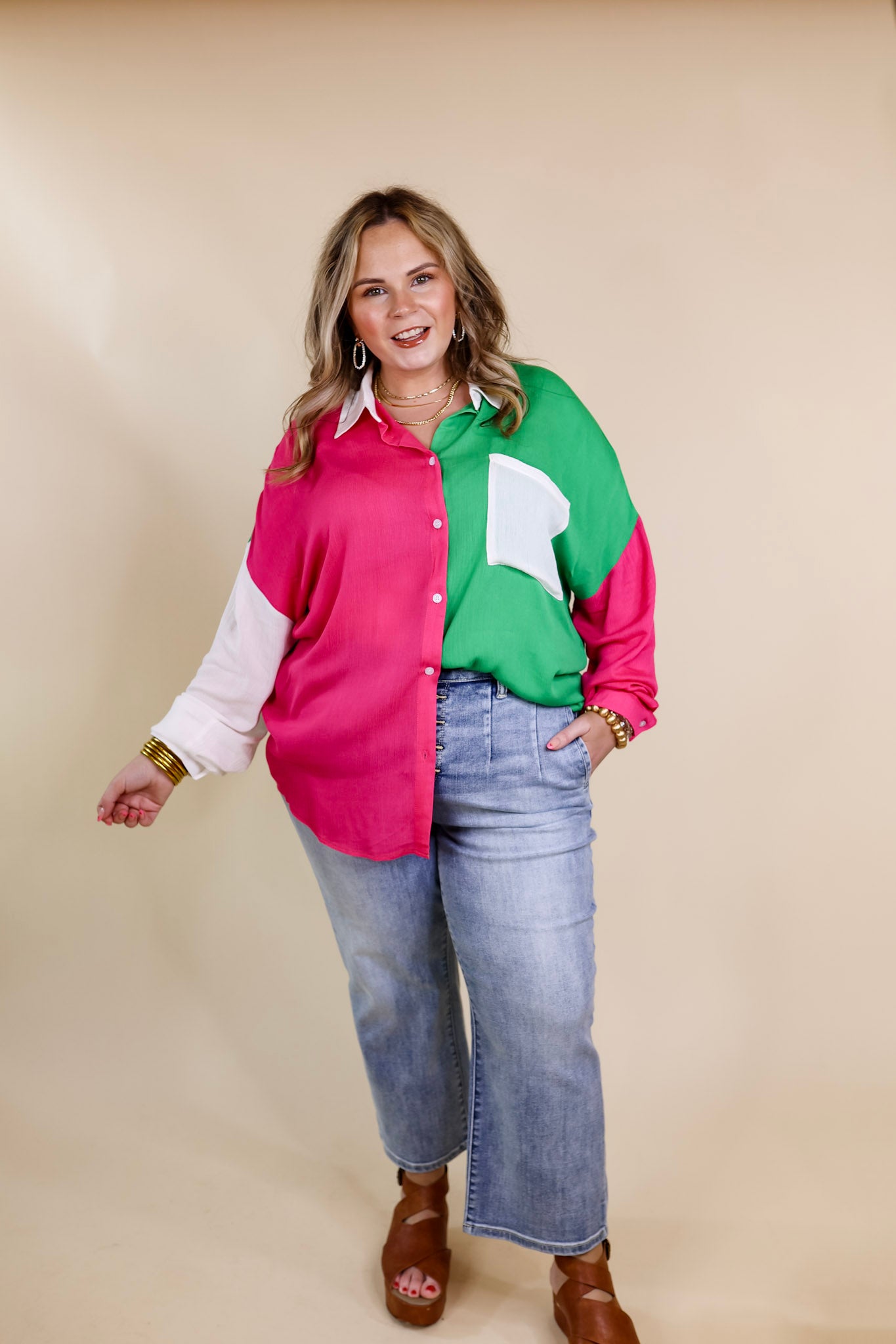Marina Smiles Color Block Button Up Top in Pink and Green - Giddy Up Glamour Boutique