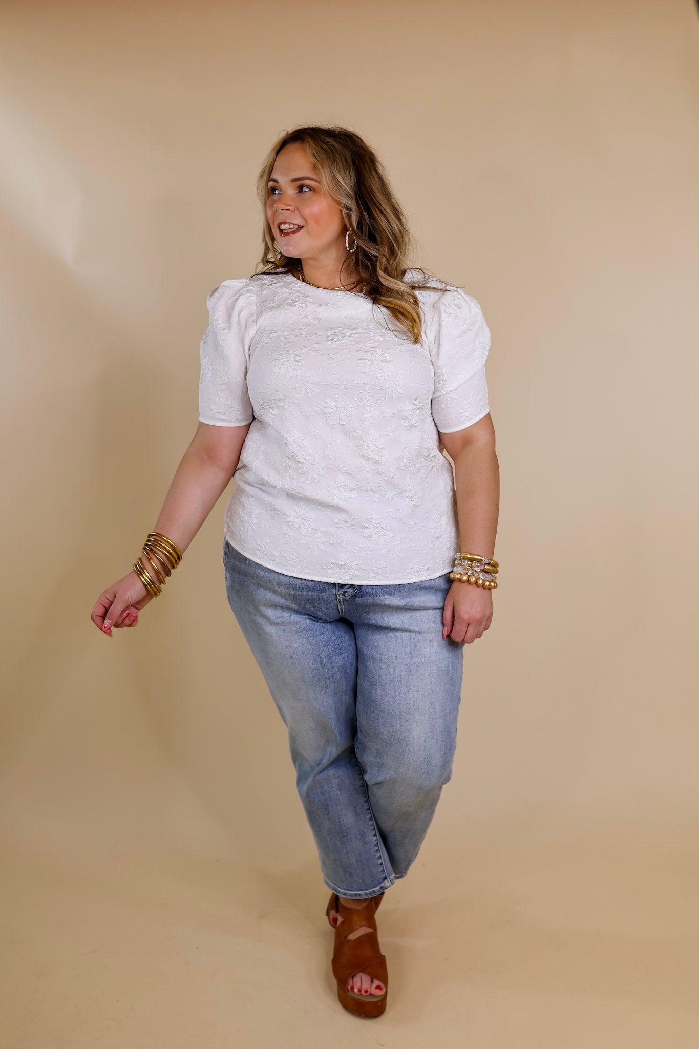 Fab Feeling Puff Shoulder Floral Embossed Top in White - Giddy Up Glamour Boutique