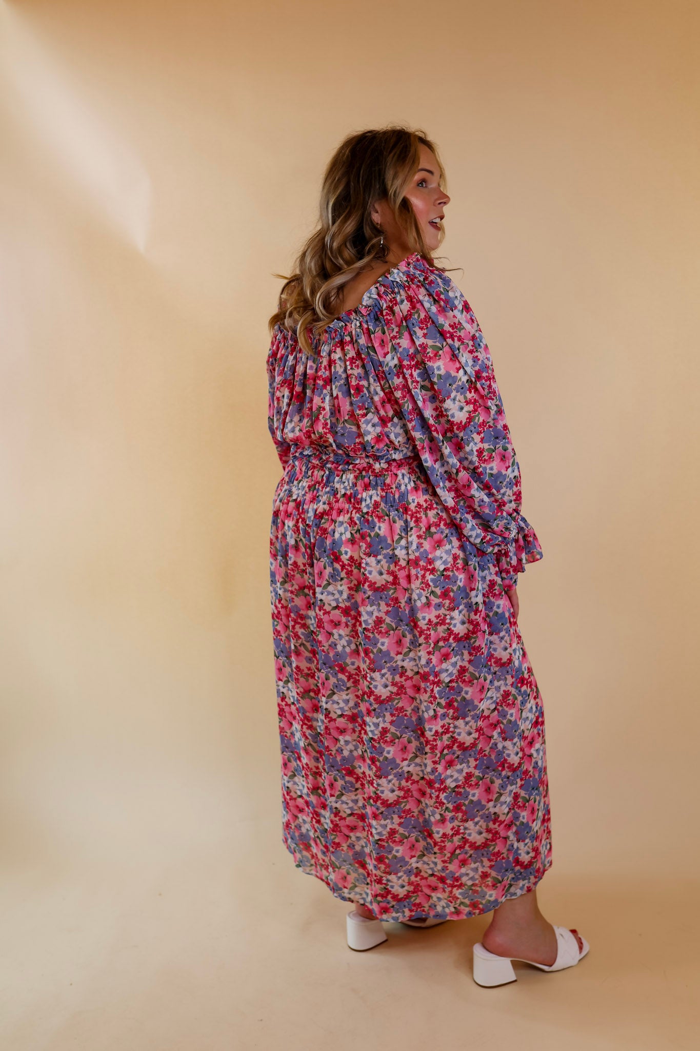 Feeling Floral Smocked Waist Floral Maxi Dress in Pink - Giddy Up Glamour Boutique
