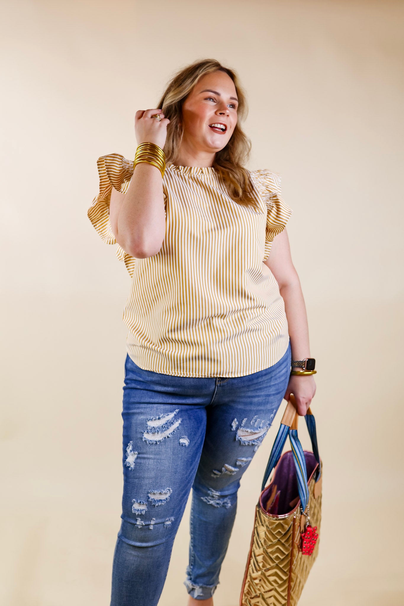 On A Break Ruffle Cap Sleeve Pin Stripe Top in Mustard Yellow and Ivory - Giddy Up Glamour Boutique