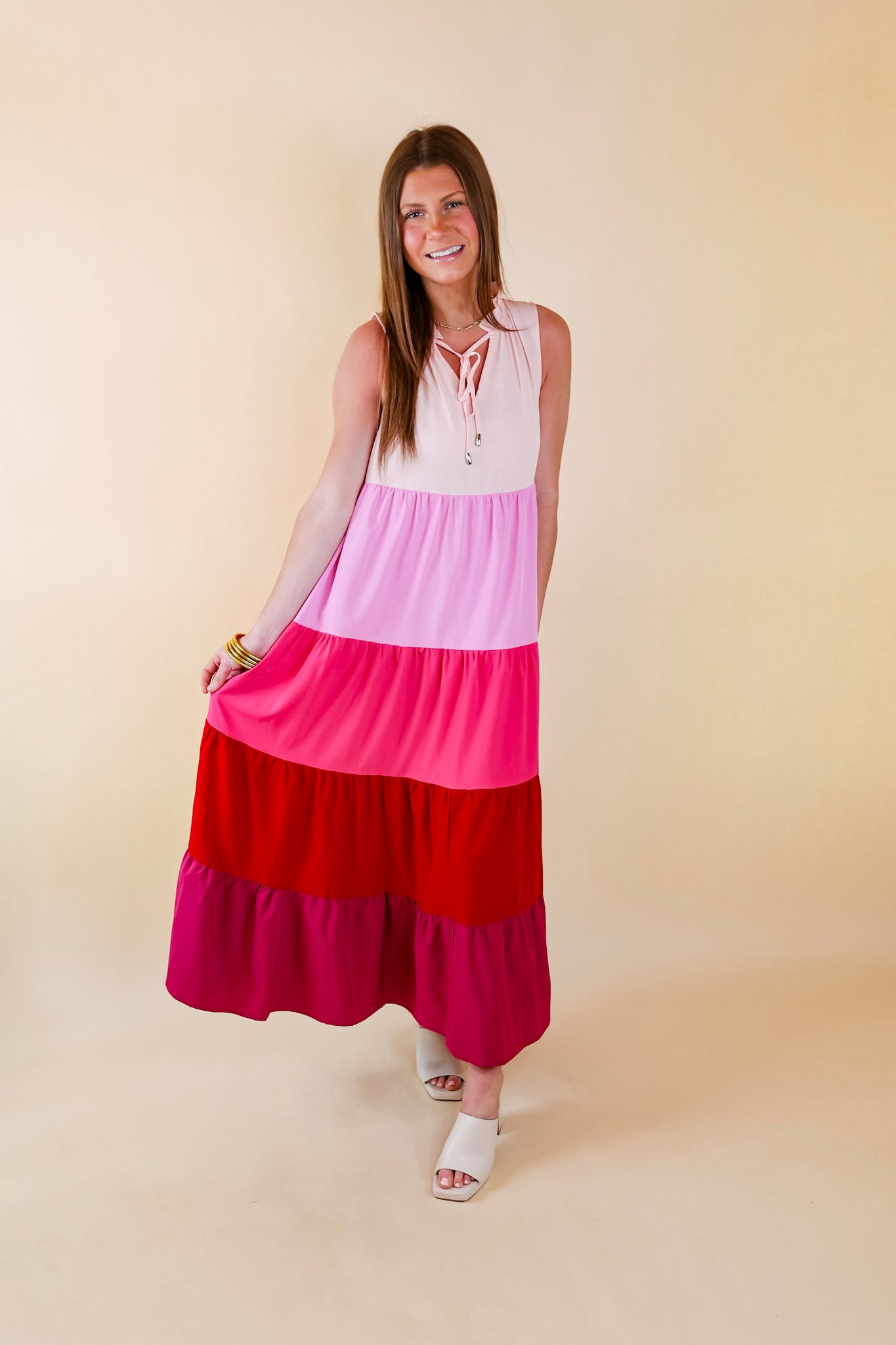 Calm Waters High Neck Tiered Maxi Dress in Pink Mix