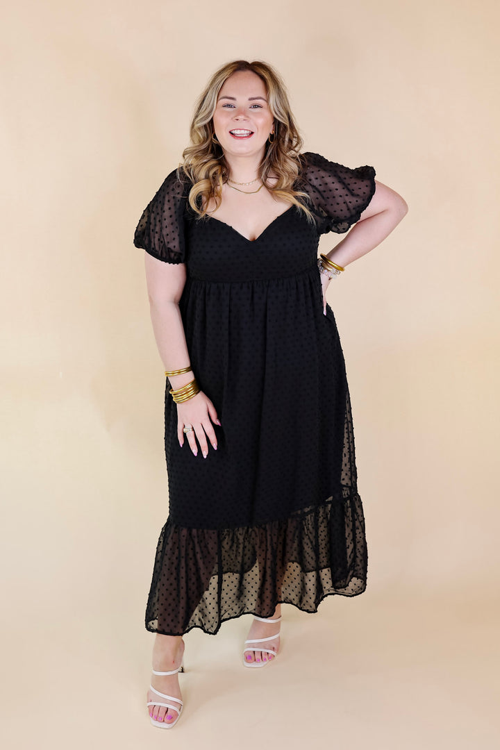 Love And Beyond Swiss Dot Short Sleeve Midi Dress in Black - Giddy Up Glamour Boutique