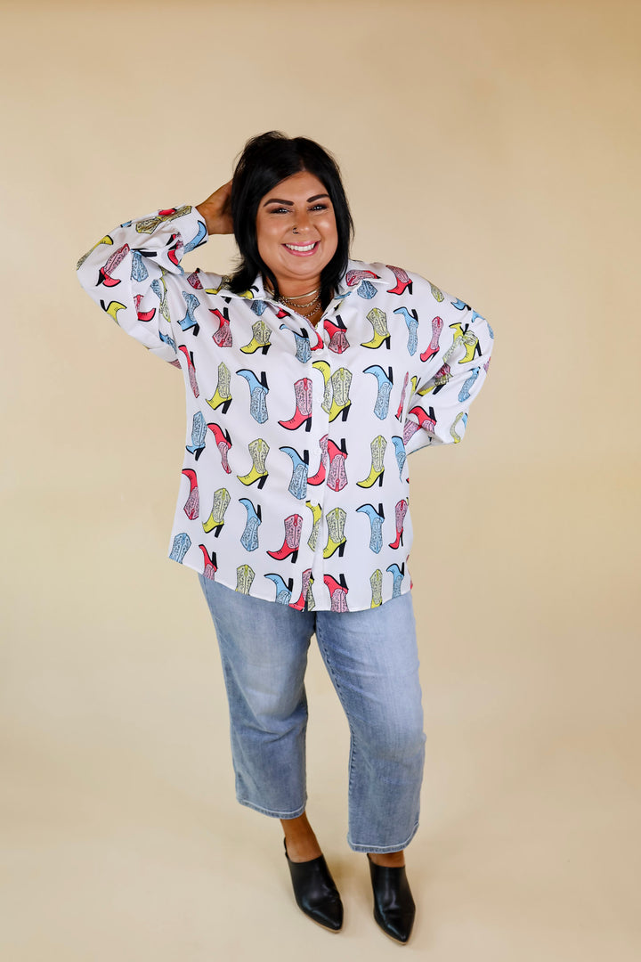 The Cowgirl Way Button Up Multi Color Cowgirl Boot Top in White - Giddy Up Glamour Boutique