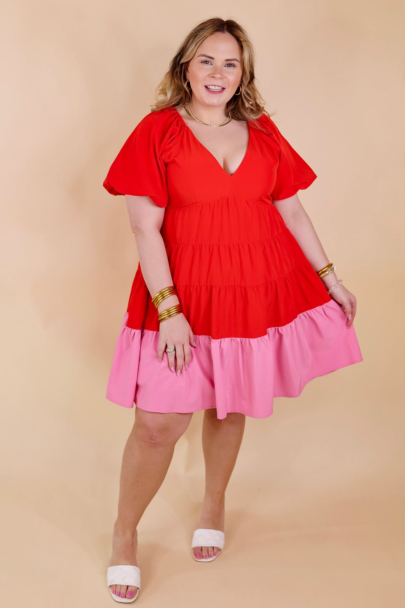 Trendy City Puff Sleeve Tiered Dress with Pink Hemline in Red - Giddy Up Glamour Boutique