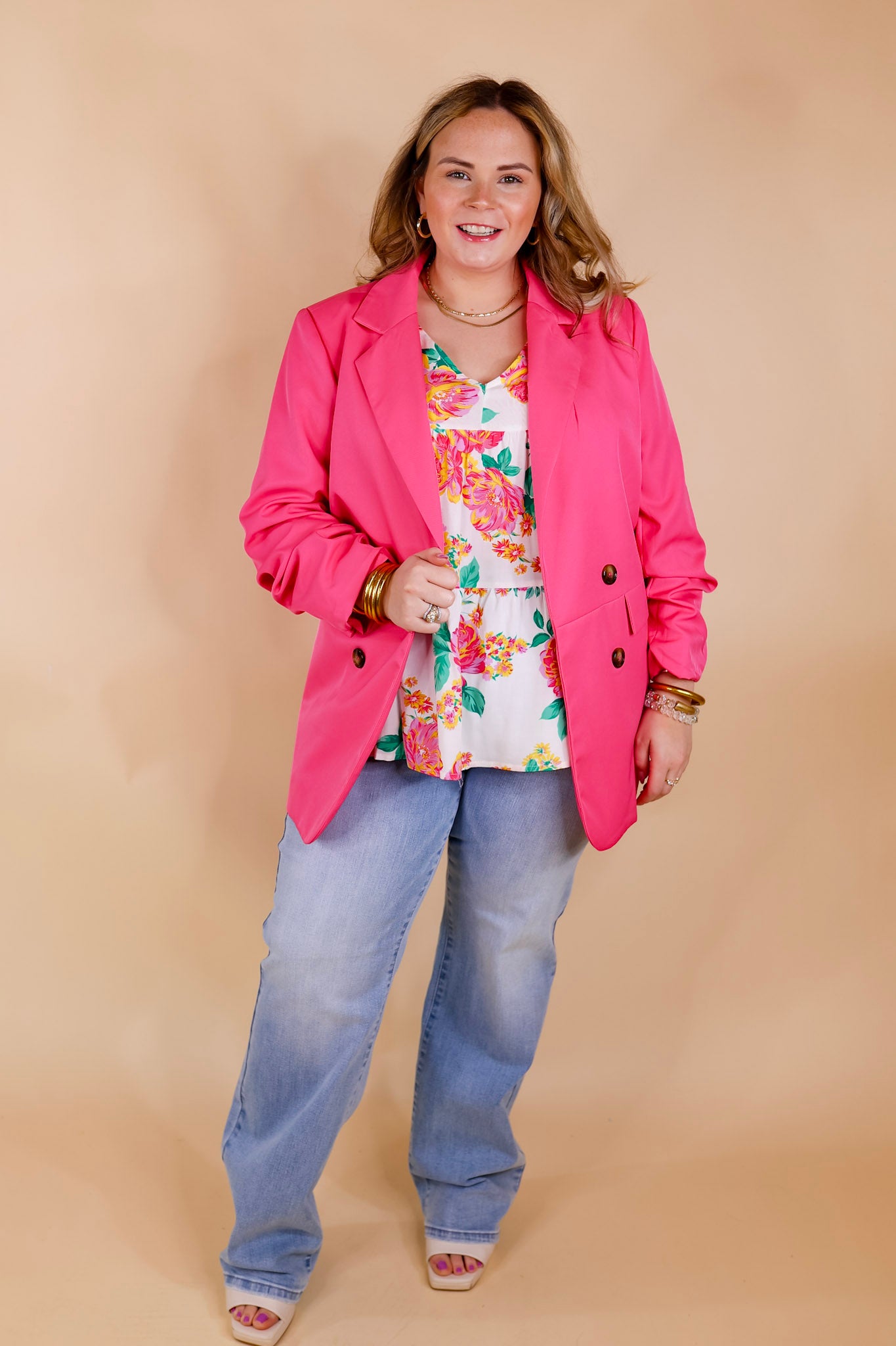Editors Choice 3/4 Sleeve Double Button Blazer in Hot Pink - Giddy Up Glamour Boutique