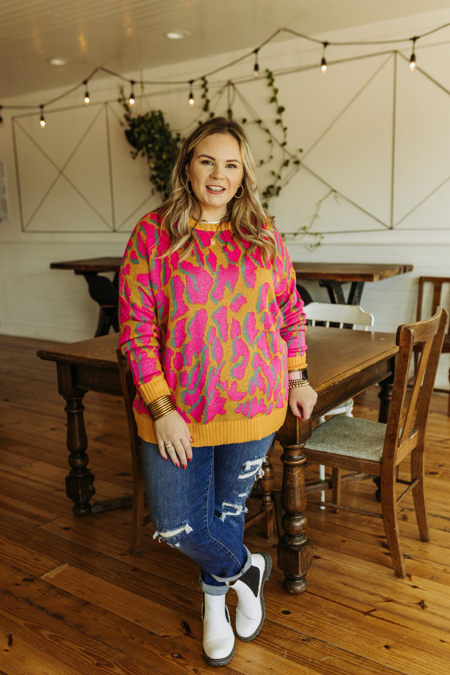 No Hesitation Animal Print Long Sleeve Sweater in Yellow and Neon Pink - Giddy Up Glamour Boutique