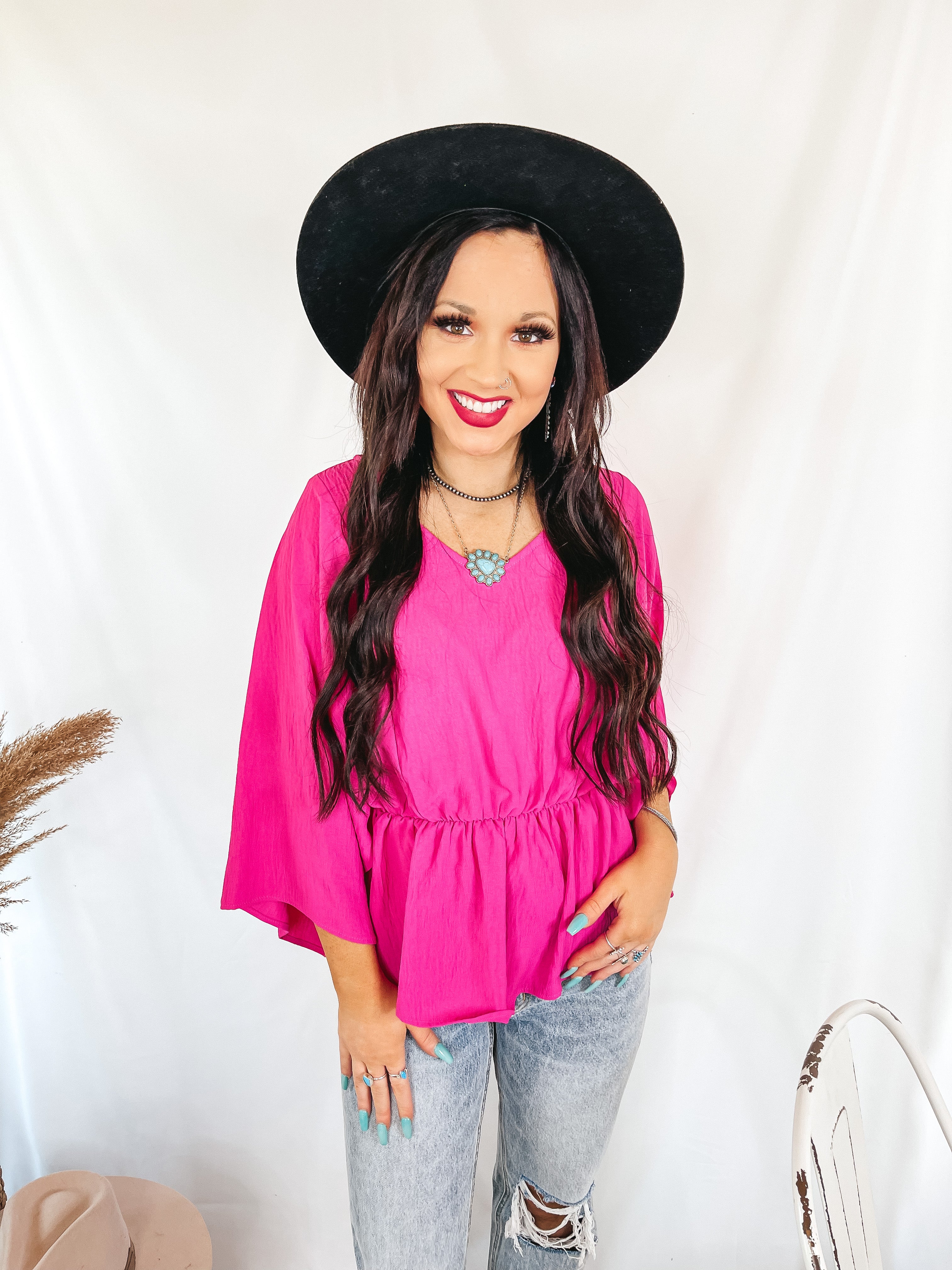 Switch It Up 3/4 Drop Sleeve Peplum Blouse in Fuchsia Pink - Giddy Up Glamour Boutique