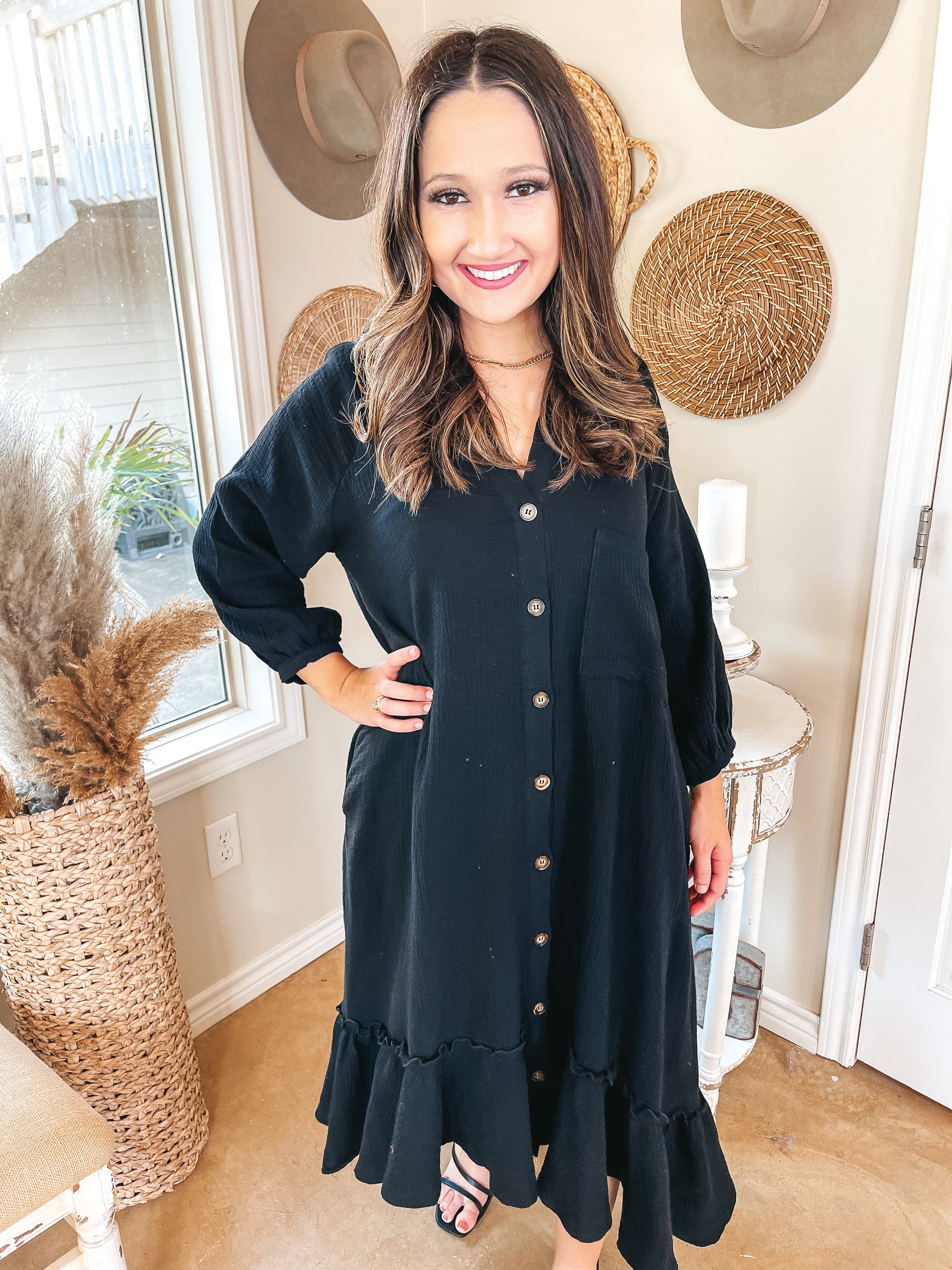 Online Exclusive | New England Nights Button Up Ruffle Hem Midi Dress in Black - Giddy Up Glamour Boutique