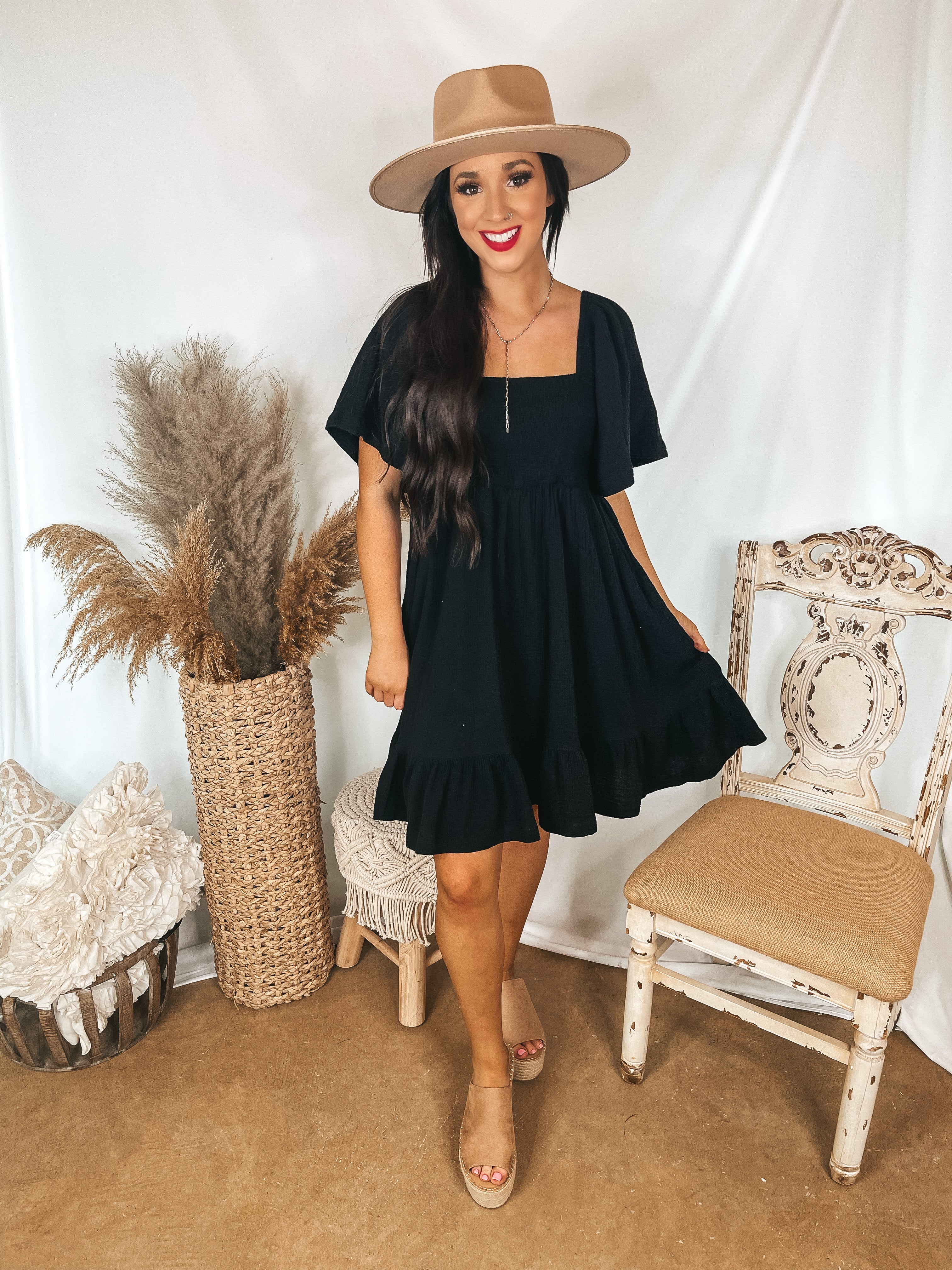 Sugary Sweet Smocked Bodice Dress with Ruffle Hem in Black - Giddy Up Glamour Boutique