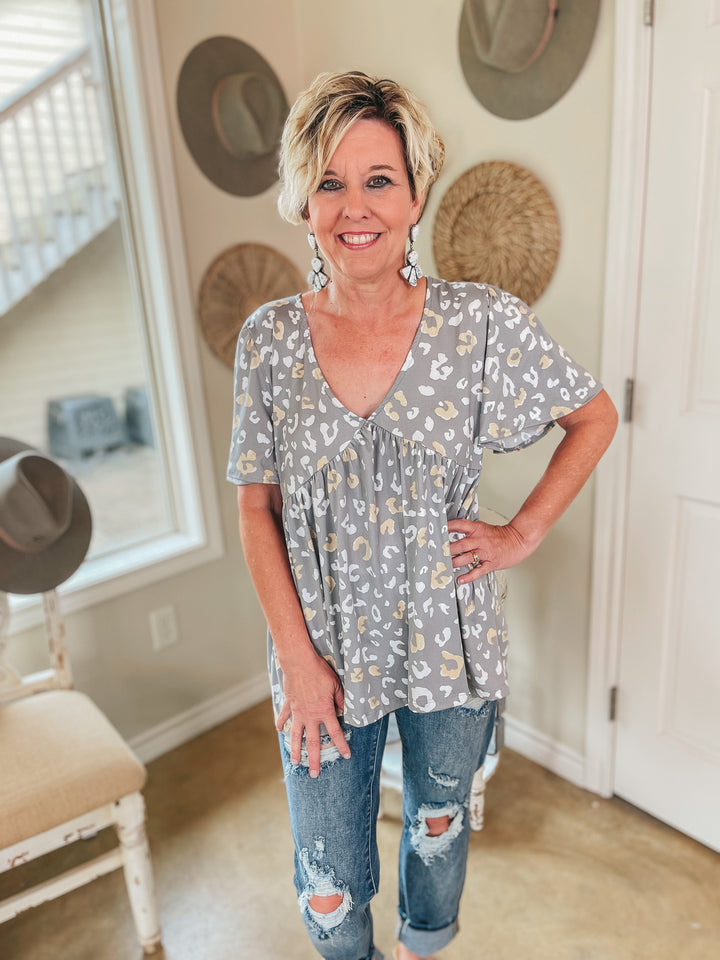 Brand New Look Leopard V Neck Babydoll Top in Grey - Giddy Up Glamour Boutique