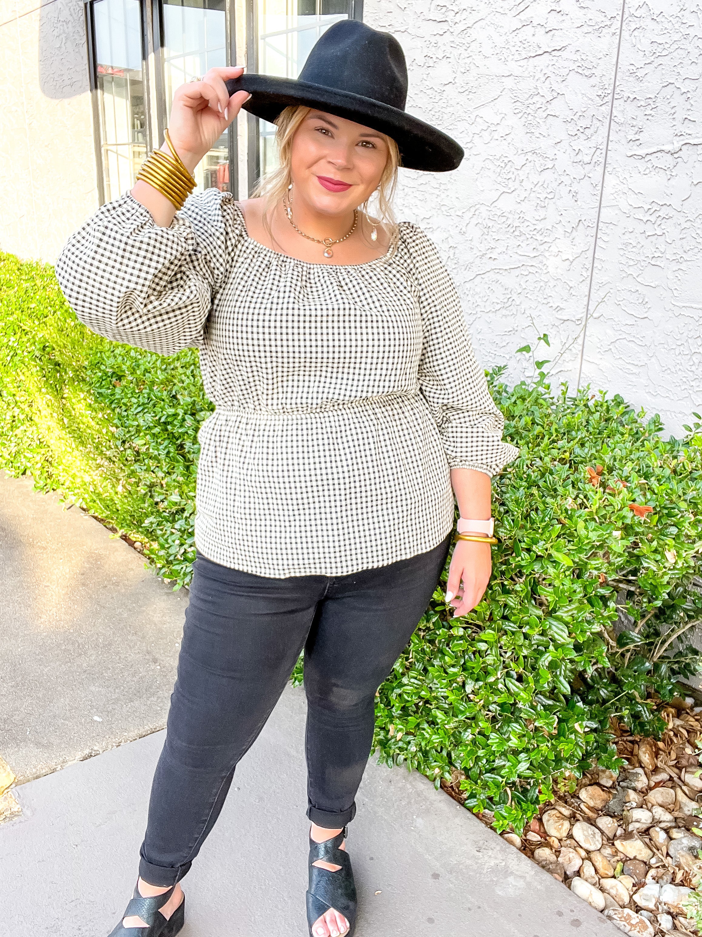 Autumn Sweetness Gingham Peplum Top with Long Sleeves in Black and Ivory - Giddy Up Glamour Boutique