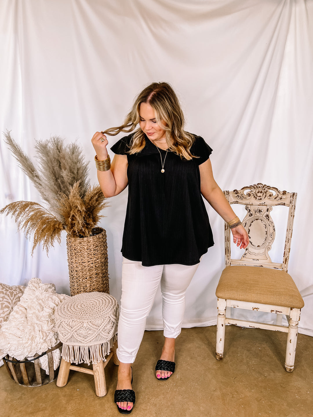 No Bad Days Ribbed Ruffle Cap Sleeve Babydoll Top in Black - Giddy Up Glamour Boutique