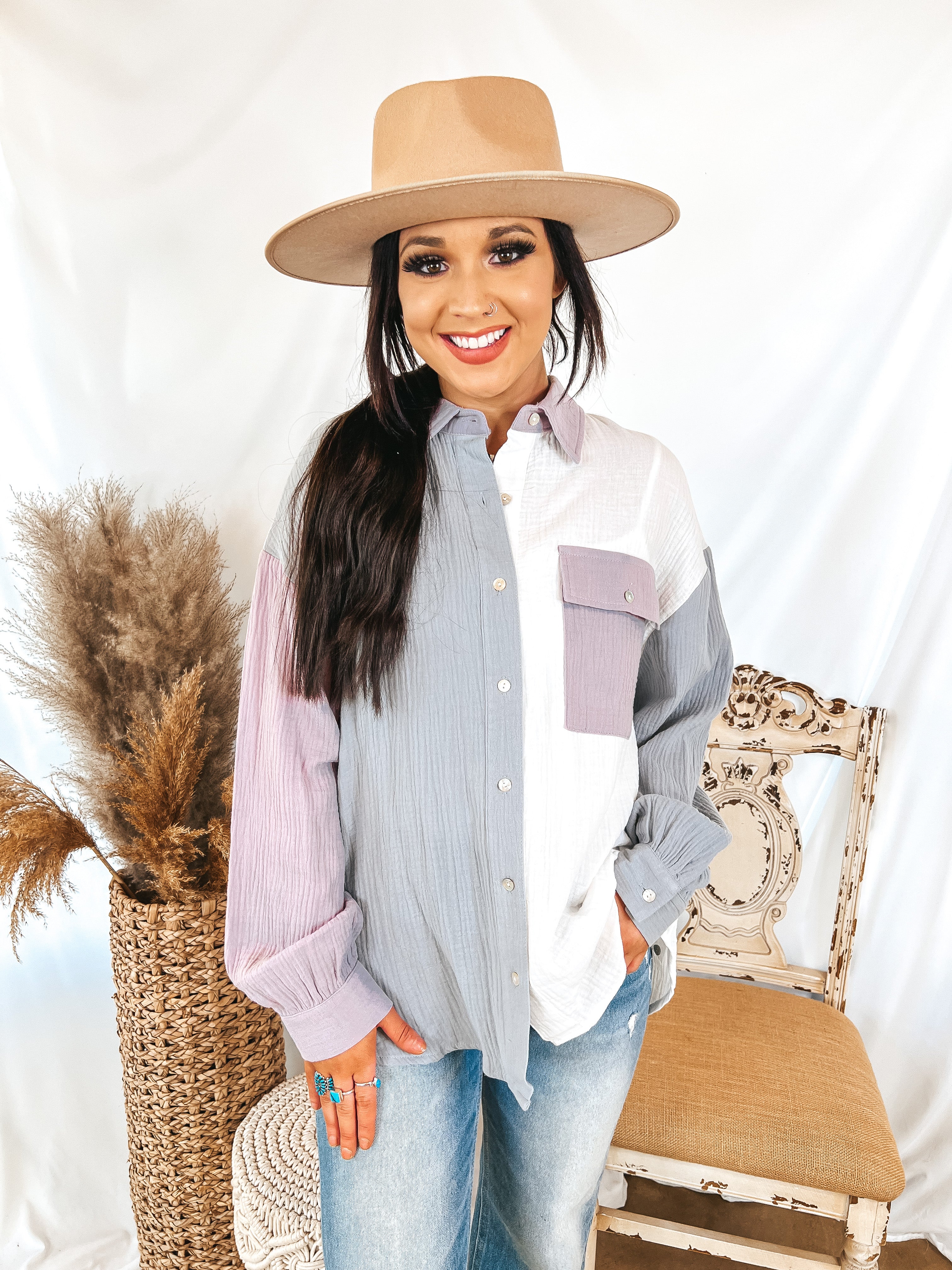 Highly Requested Button Up Color Block Top in Dusty Blue and Purple - Giddy Up Glamour Boutique