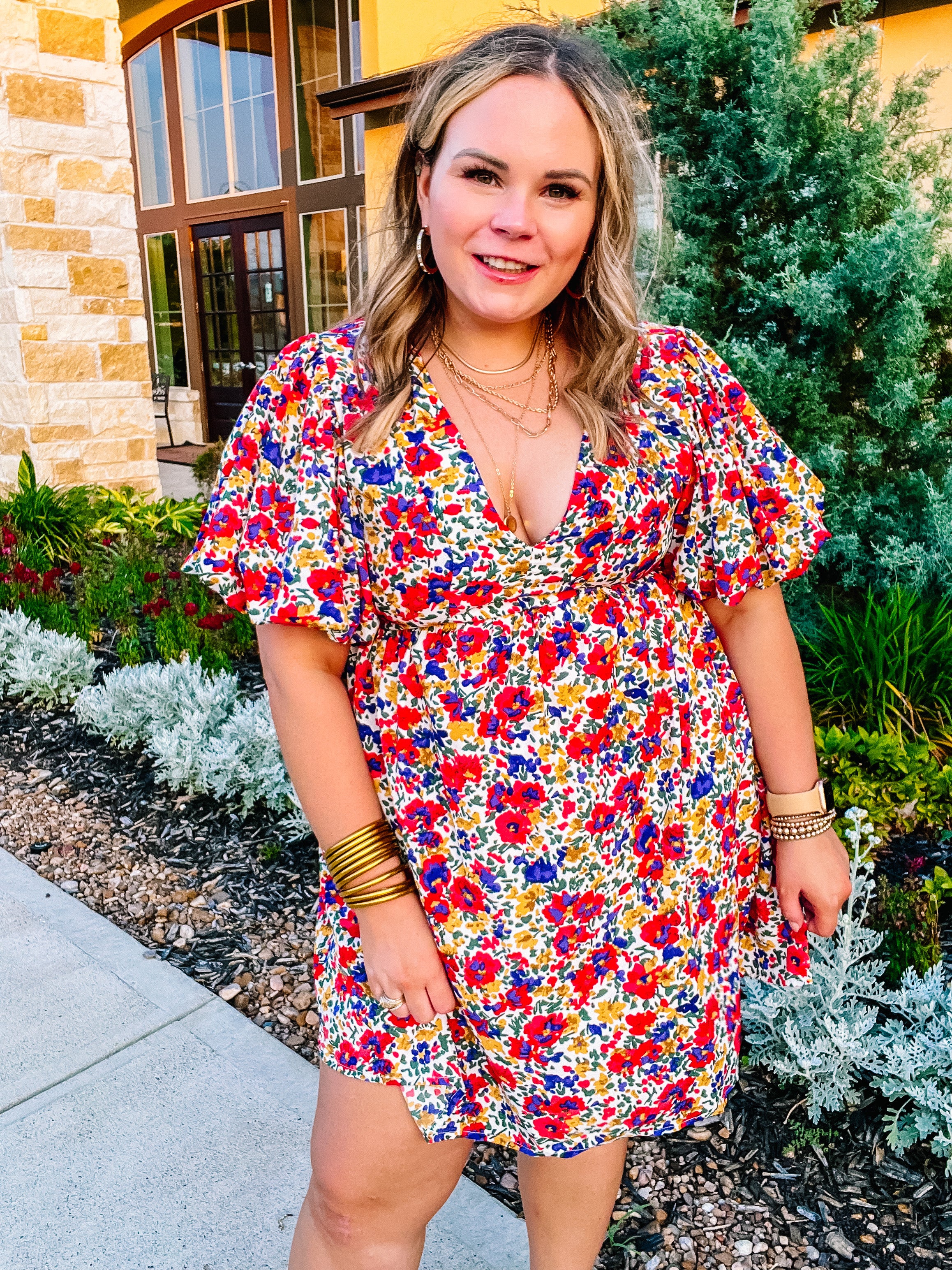 Party On the Patio Floral Print V Neck Dress in Red and Blue - Giddy Up Glamour Boutique