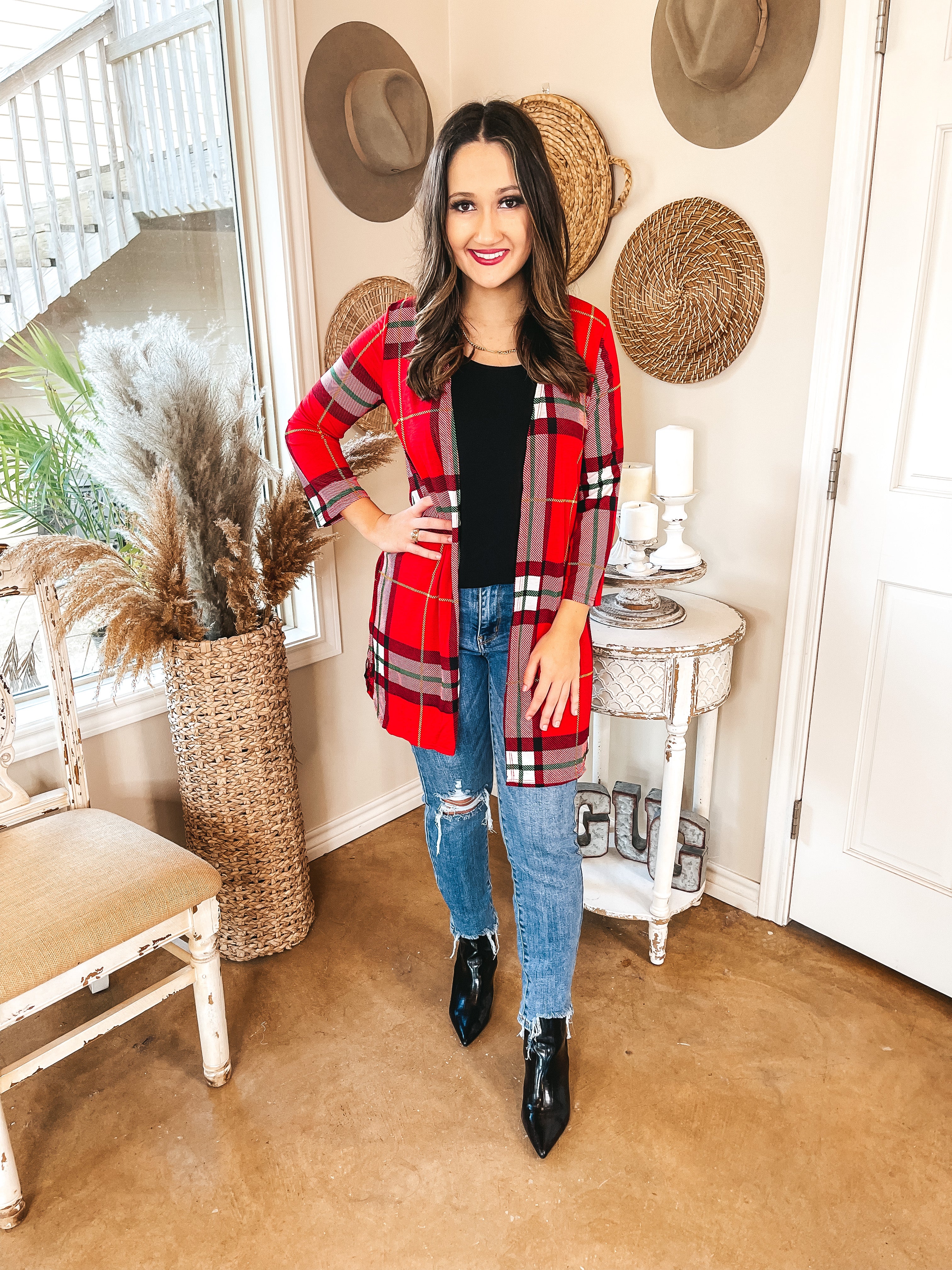 All Eyes On You Plaid Cardigan in Red and Green - Giddy Up Glamour Boutique