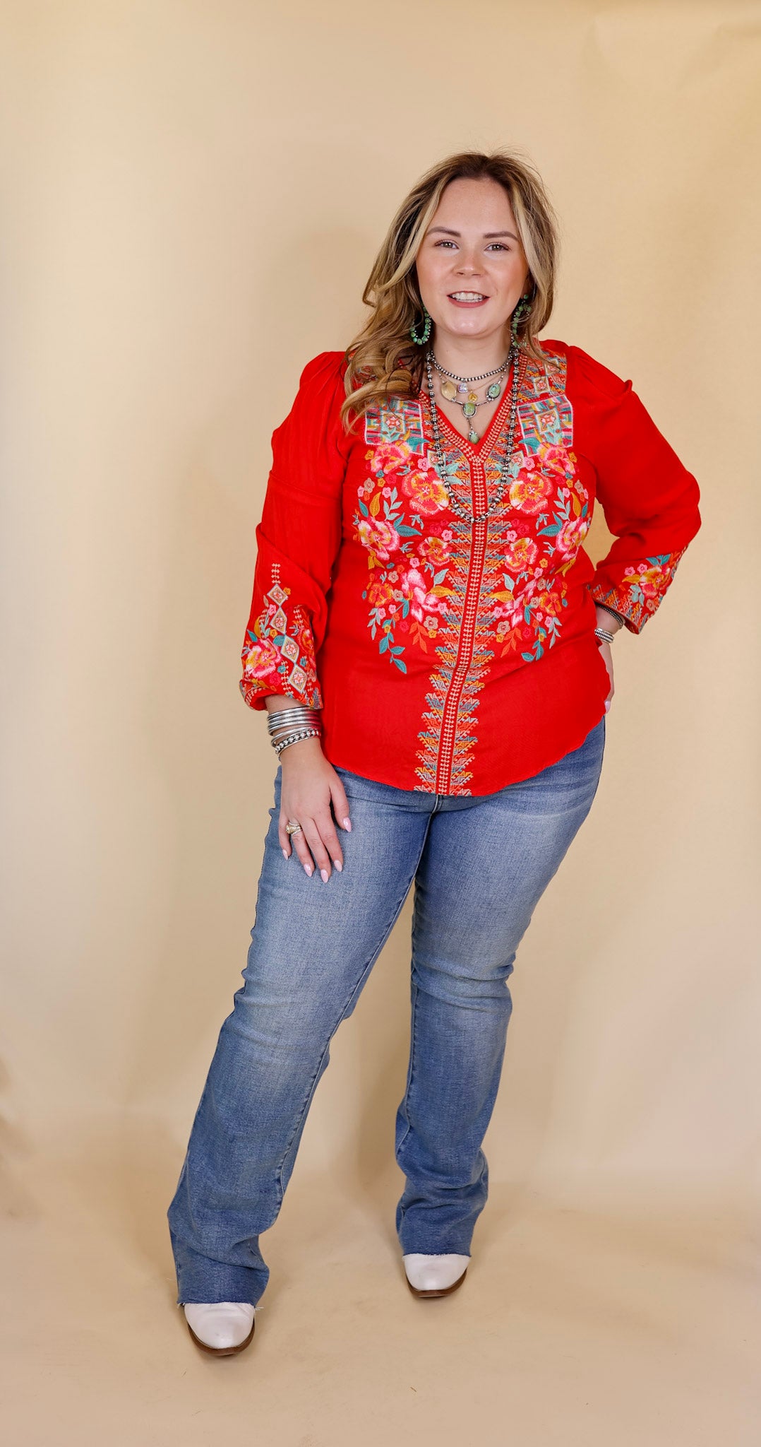 Brunch With Me Long Sleeve Embroidered Top with V Neckline in Red - Giddy Up Glamour Boutique