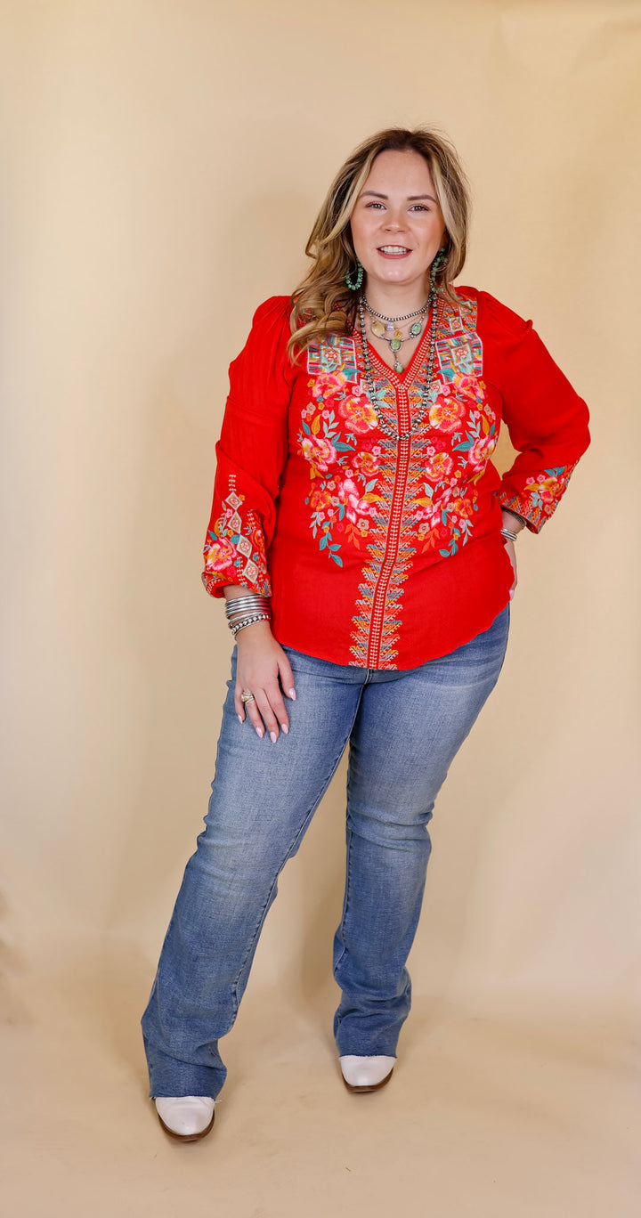 Brunch With Me Long Sleeve Embroidered Top with V Neckline in Red - Giddy Up Glamour Boutique