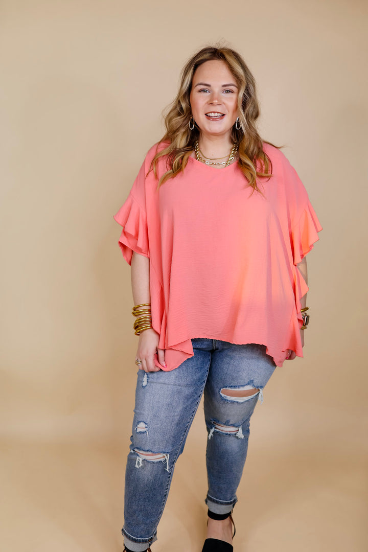 Sip of Spring Ruffle Sleeve Shift Top with V Neckline in Coral Orange - Giddy Up Glamour Boutique
