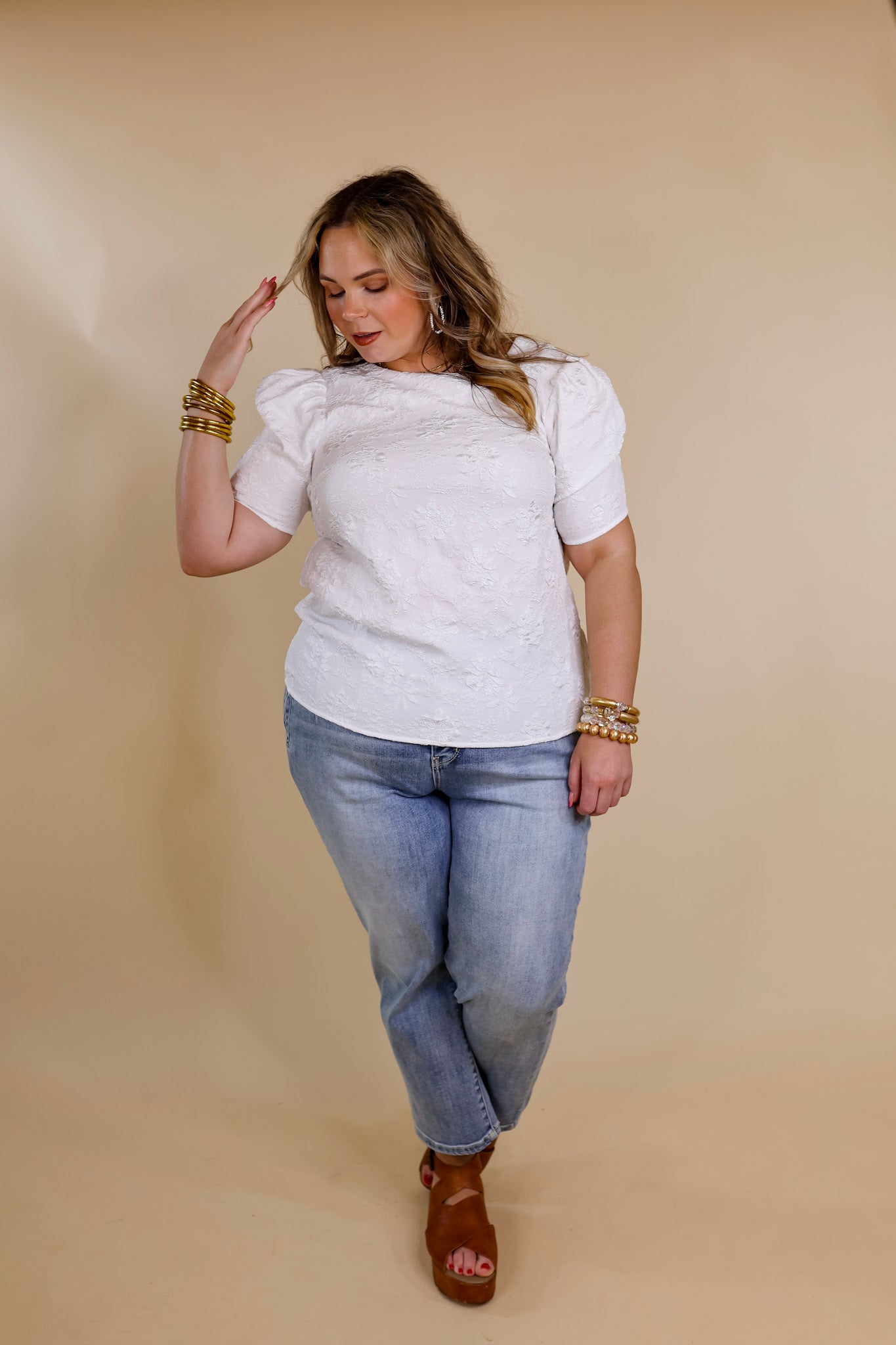 Fab Feeling Puff Shoulder Floral Embossed Top in White - Giddy Up Glamour Boutique