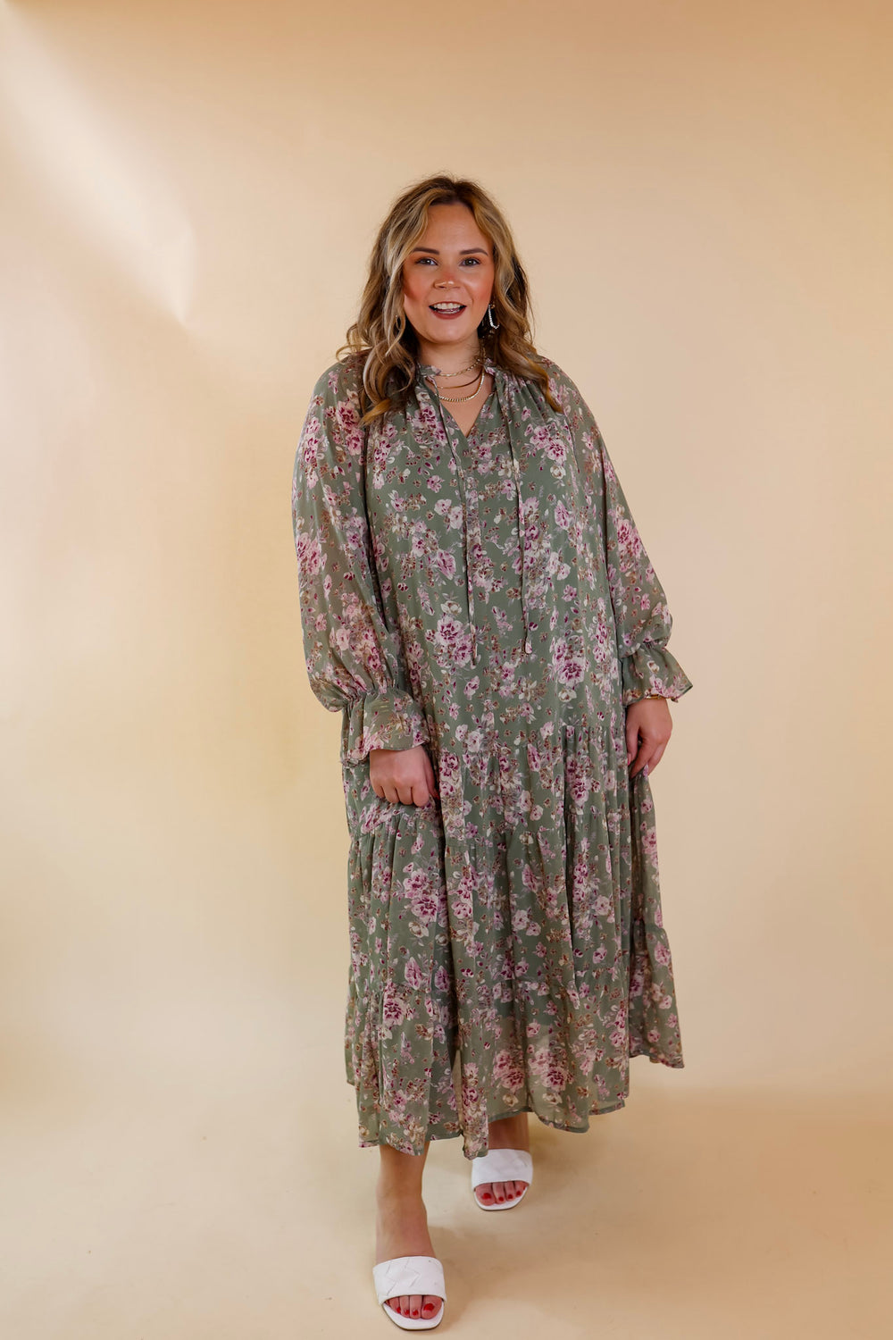 Tuscan Nights Long Sleeve High Neck Floral Midi Dress in Sage - Giddy Up Glamour Boutique
