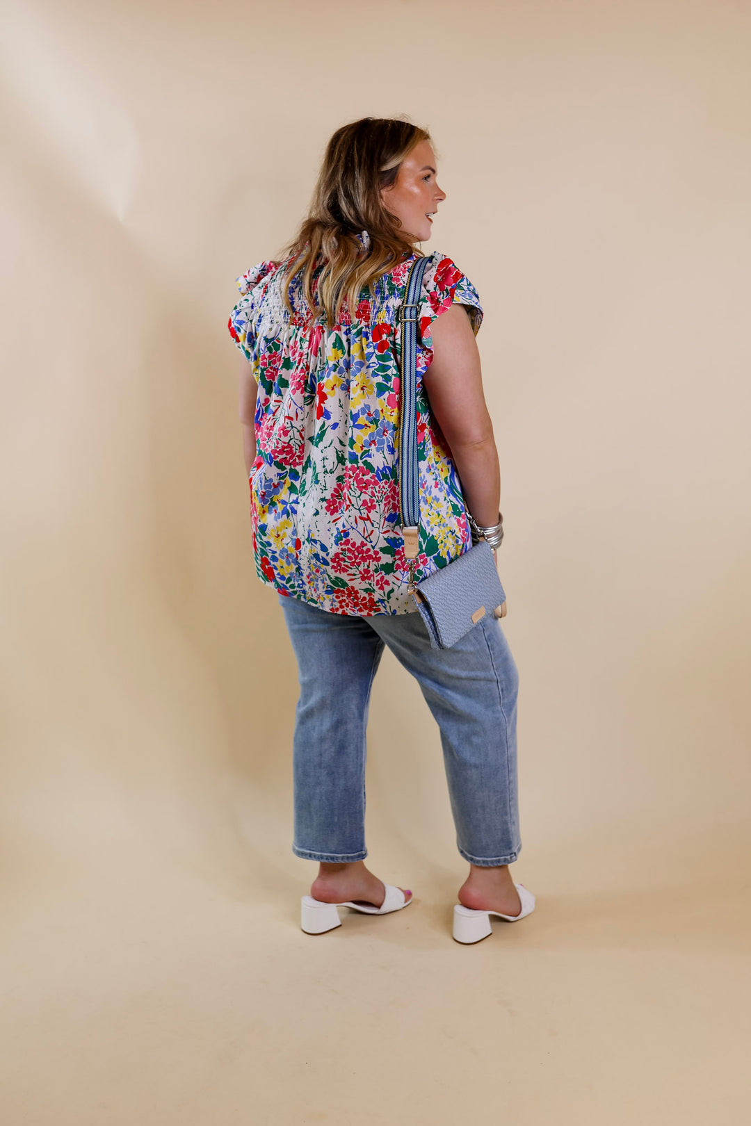 Lovely Line Up Floral Print with Ruffle Cap Sleeves in Ivory Mix - Giddy Up Glamour Boutique