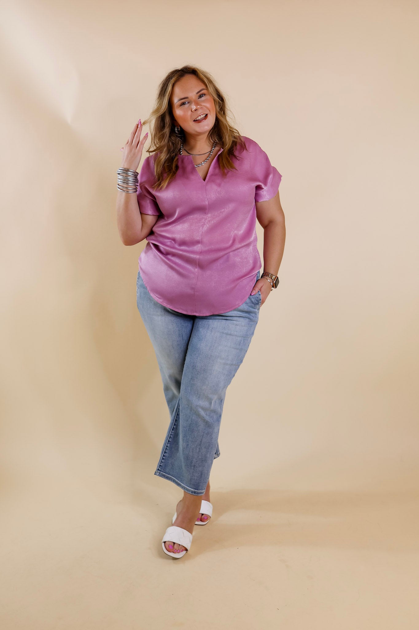 Channeling Confidence Notch Neck Short Sleeve Top in Dusty Purple - Giddy Up Glamour Boutique