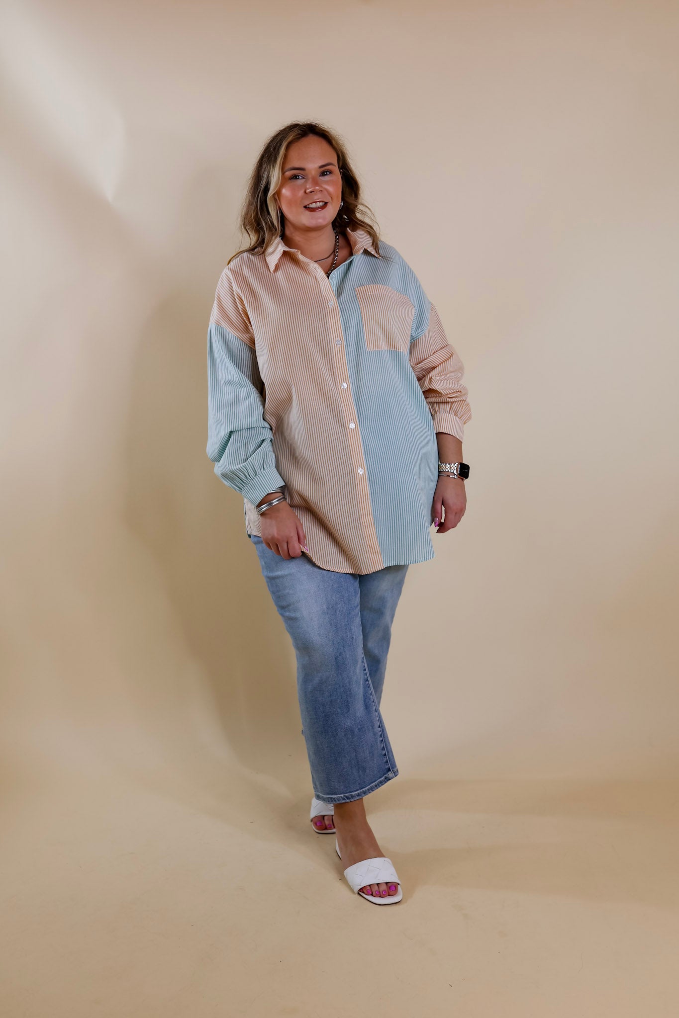 Simply Polished Pin Stripe Long Sleeve Button Up Top in Sage Green and Mustard Yellow - Giddy Up Glamour Boutique