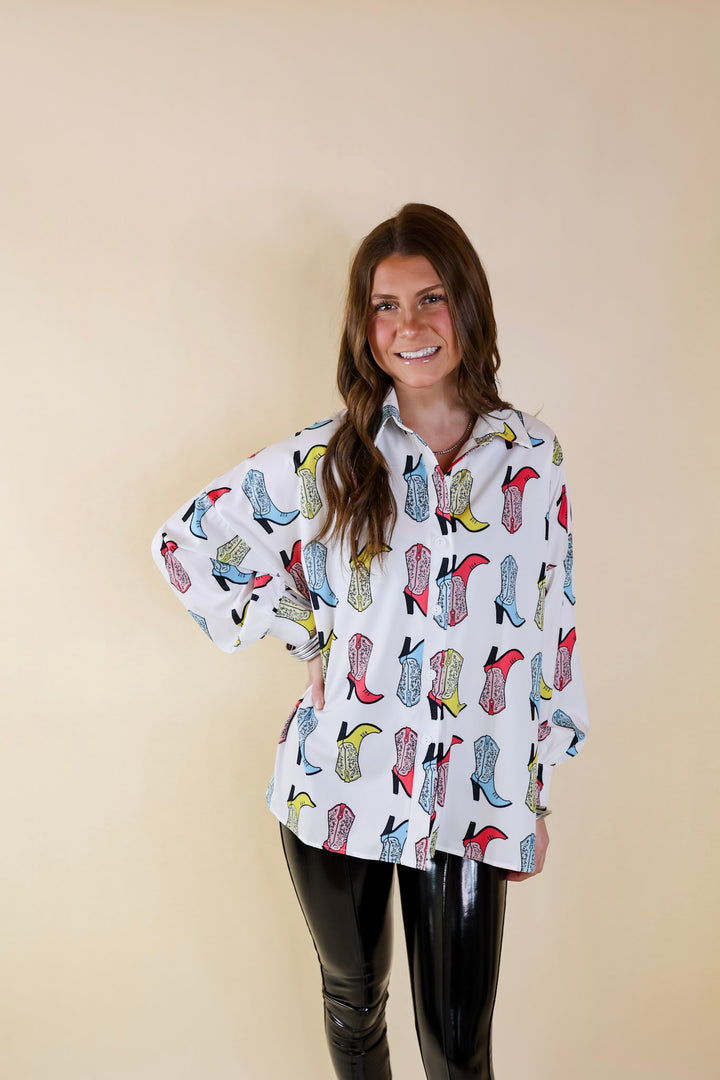 The Cowgirl Way Button Up Multi Color Cowgirl Boot Top in White - Giddy Up Glamour Boutique