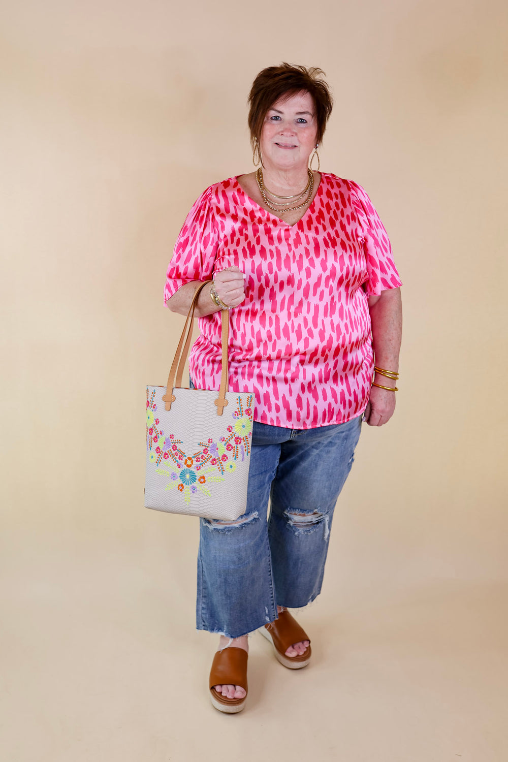 Giving You More Satin Dotted Print V Neck Blouse in Pink Mix - Giddy Up Glamour Boutique