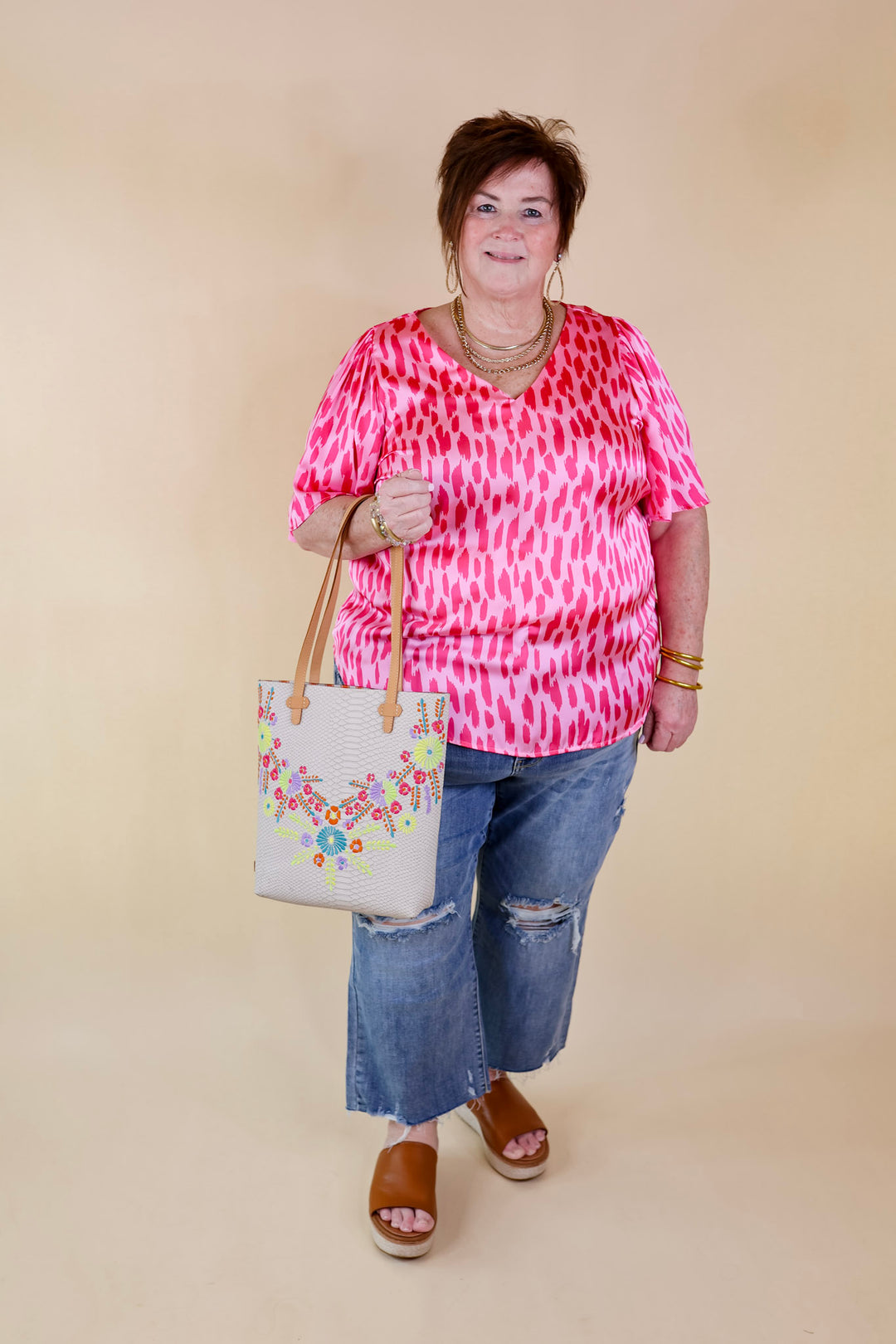 Giving You More Satin Dotted Print V Neck Blouse in Pink Mix - Giddy Up Glamour Boutique