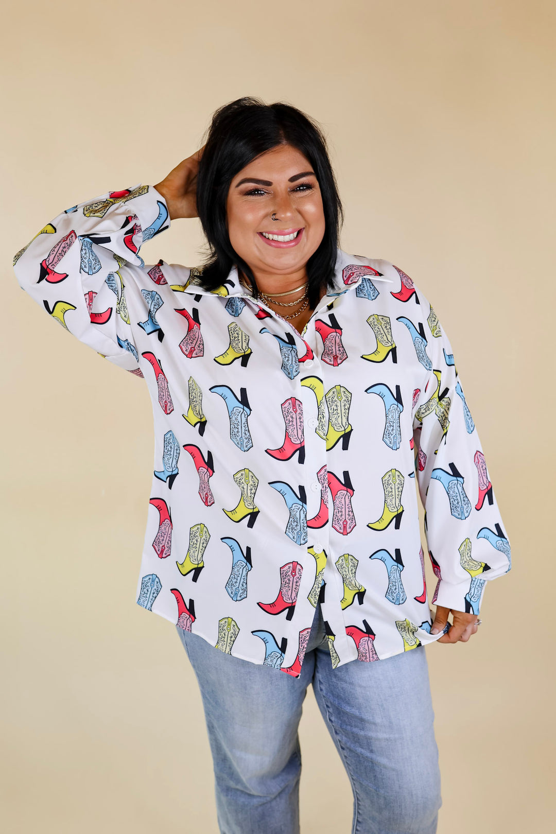 The Cowgirl Way Button Up Multi Color Cowgirl Boot Top in White - Giddy Up Glamour Boutique