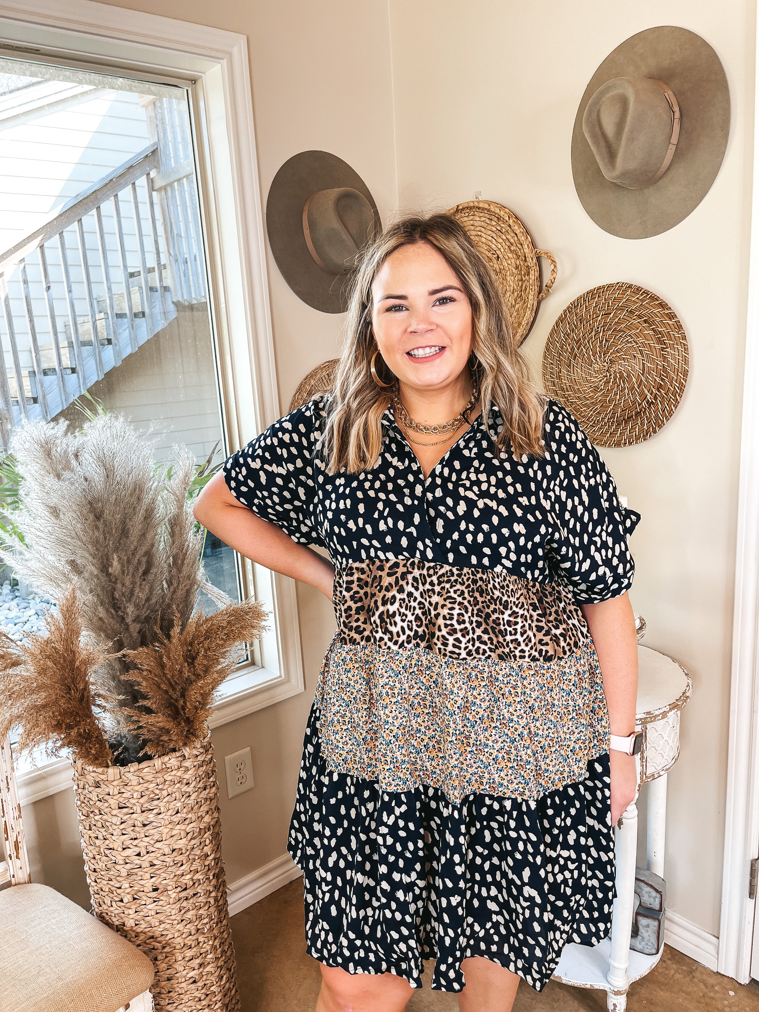 Online Exclusive | Plus Sizes | Sweet Gestures Floral and Animal Print Ruffle Tiered Dress in Navy - Giddy Up Glamour Boutique
