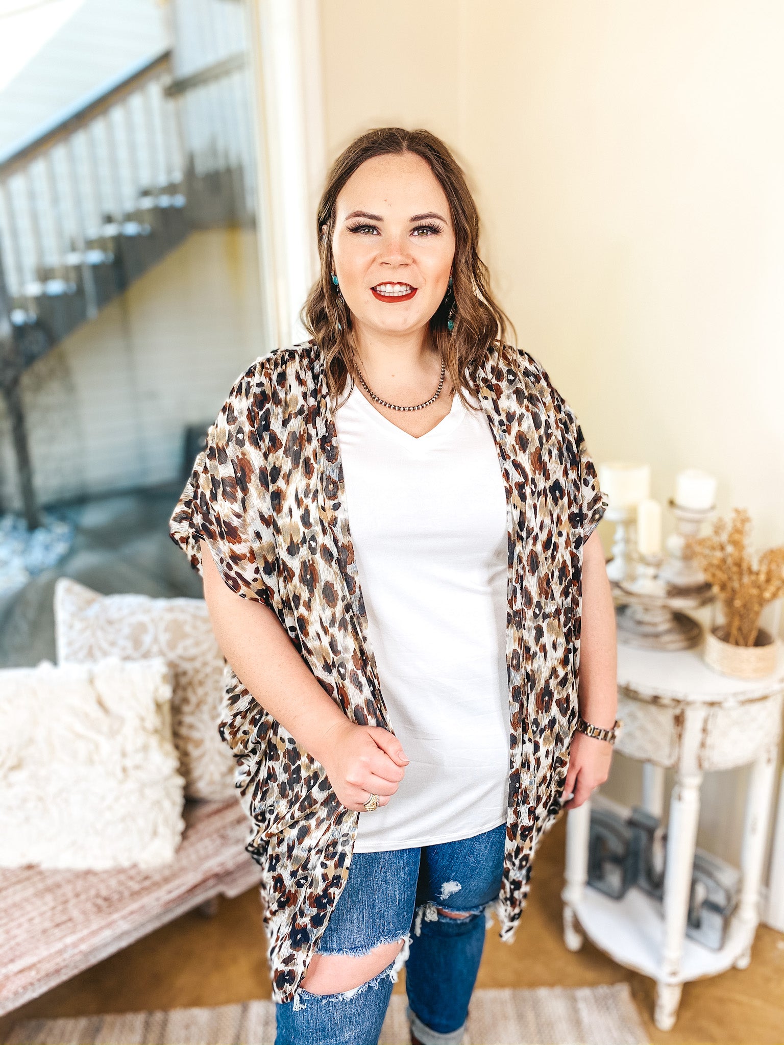 A Wild Spirit Leopard Short Sleeve Kimono with Gold Accents - Giddy Up Glamour Boutique